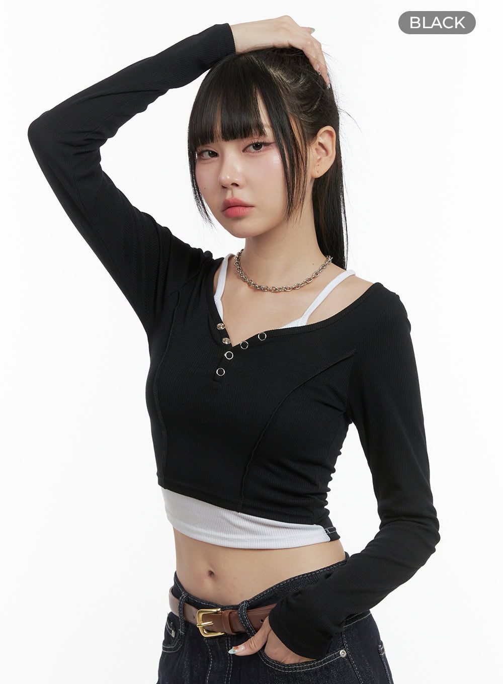 Ribbed Button V-Neck Crop Top OS410