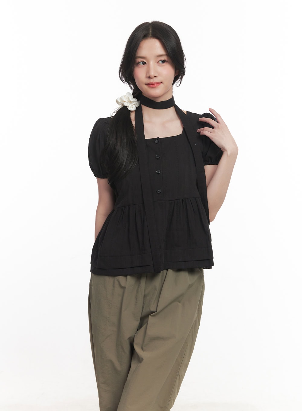 Puff-Sleeve Blouse & Scarf Set CA510