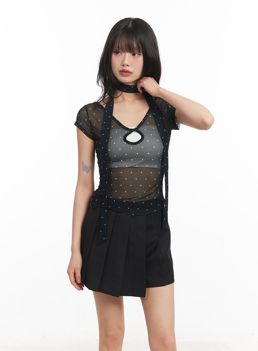 Sheer Polkadot Crop Top with Scarf CA522