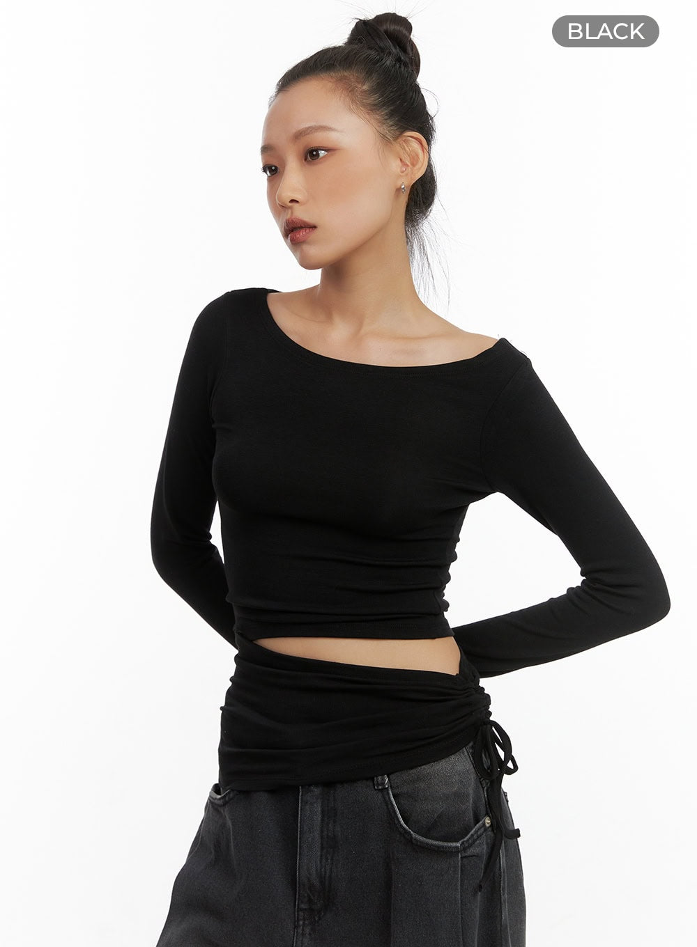 Unbalanced Shirring Long-Sleeve Top CO424