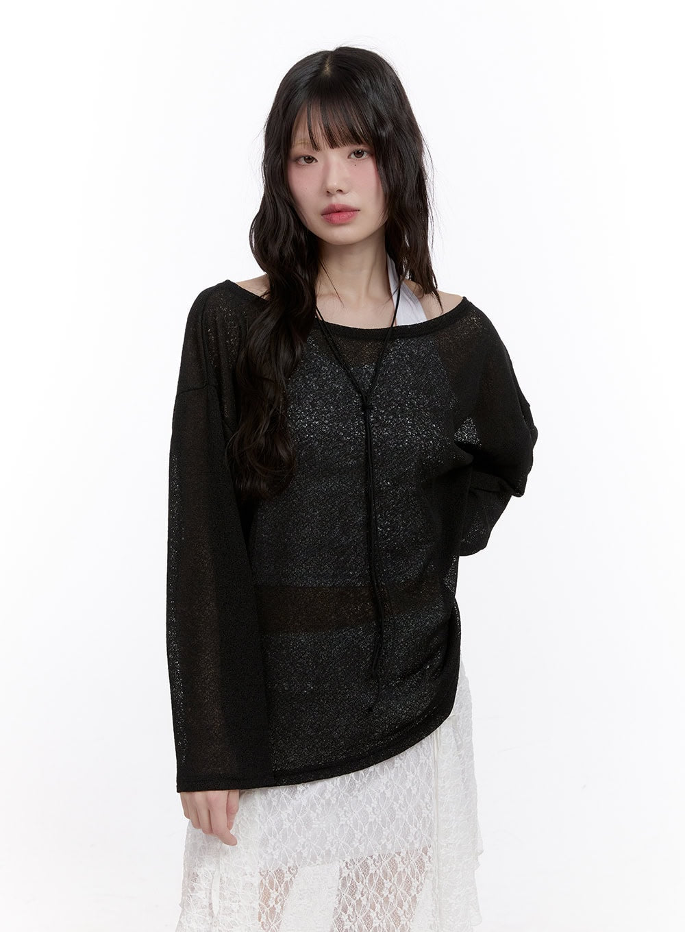 String Sheer Long-Sleeve Mesh Top CF511