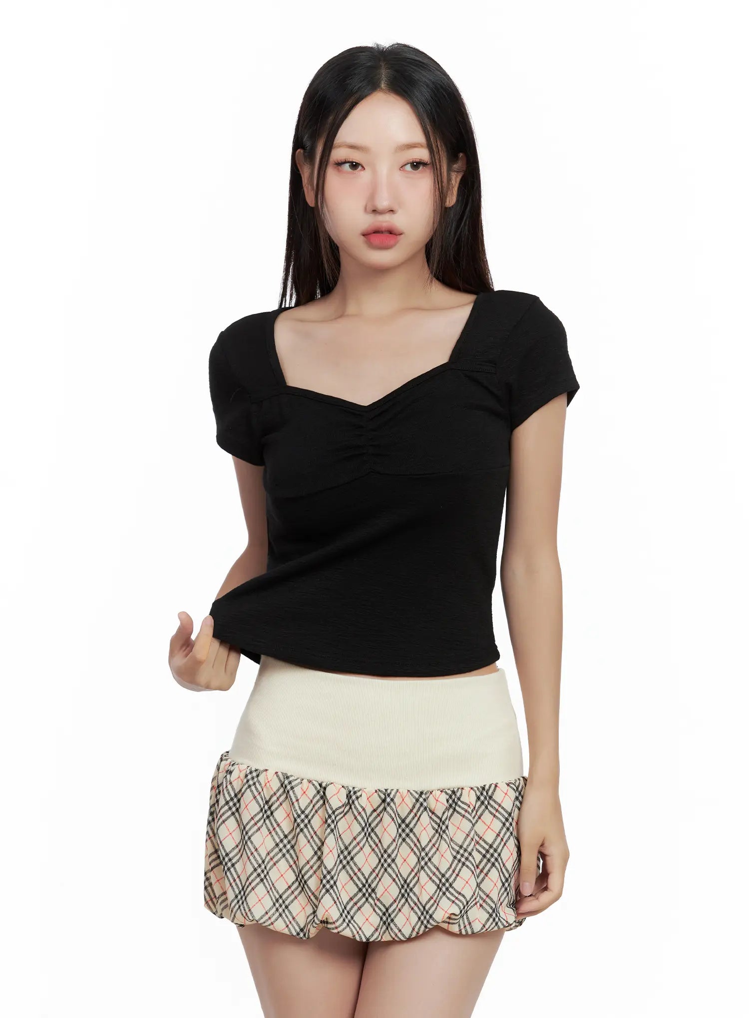 Shirred Sweetheart-Neck Crop Tee CL509