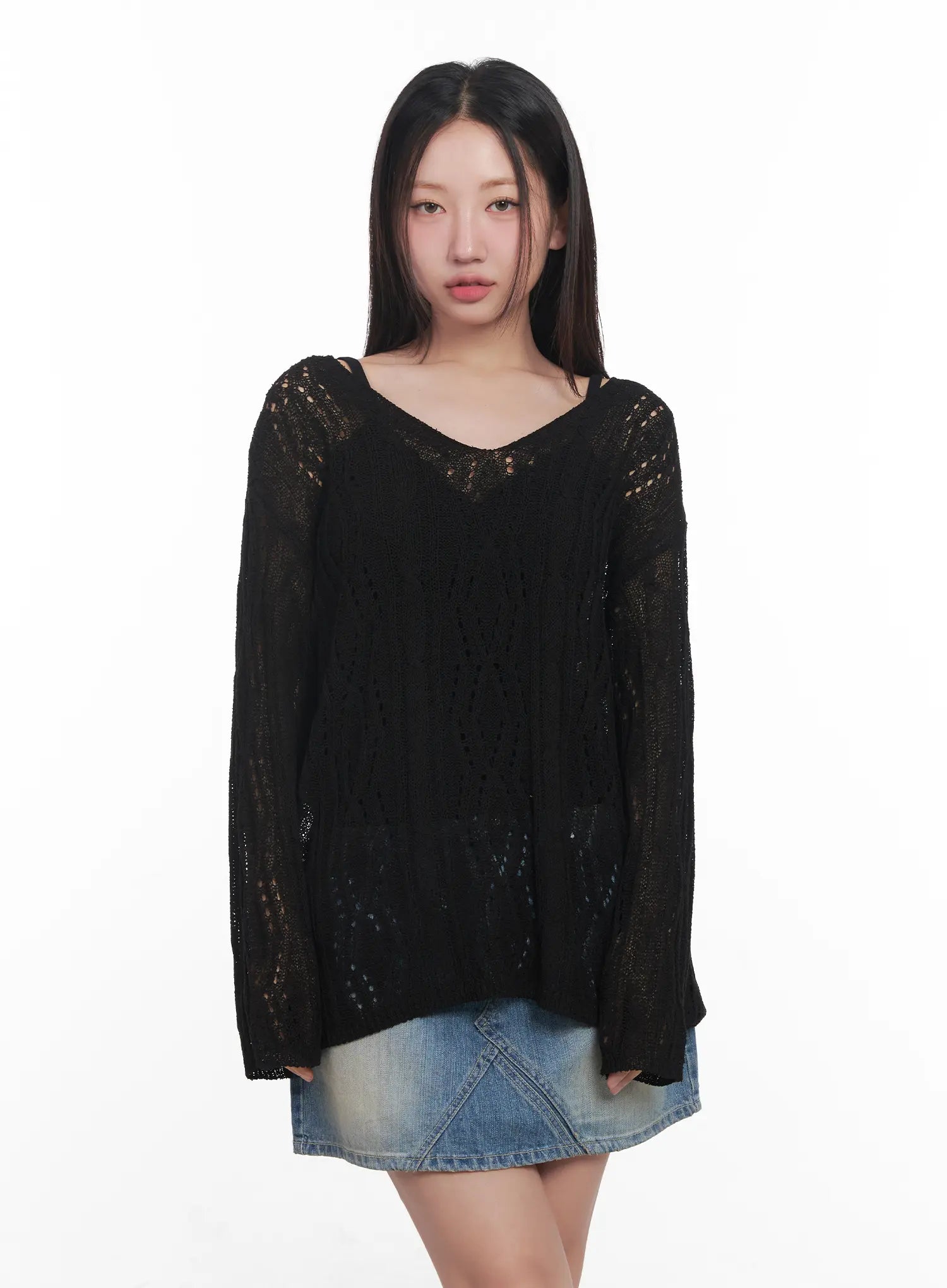 Criss-Cross Sheer V-Neck Sweater CU516