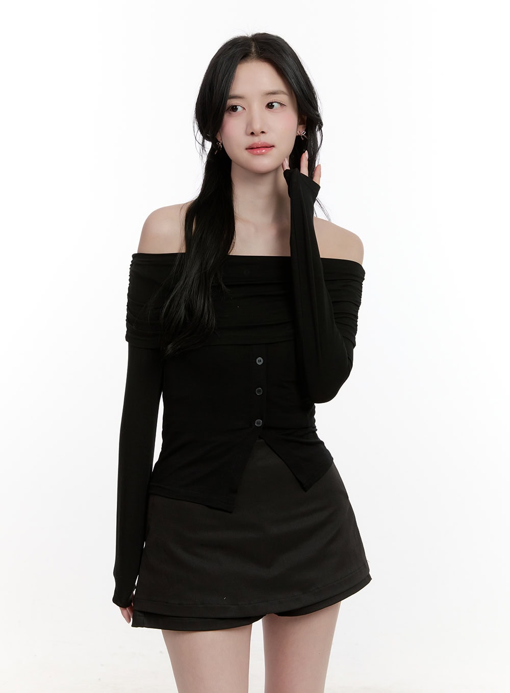 Shirred Off-Shoulder Buttoned Top CF528