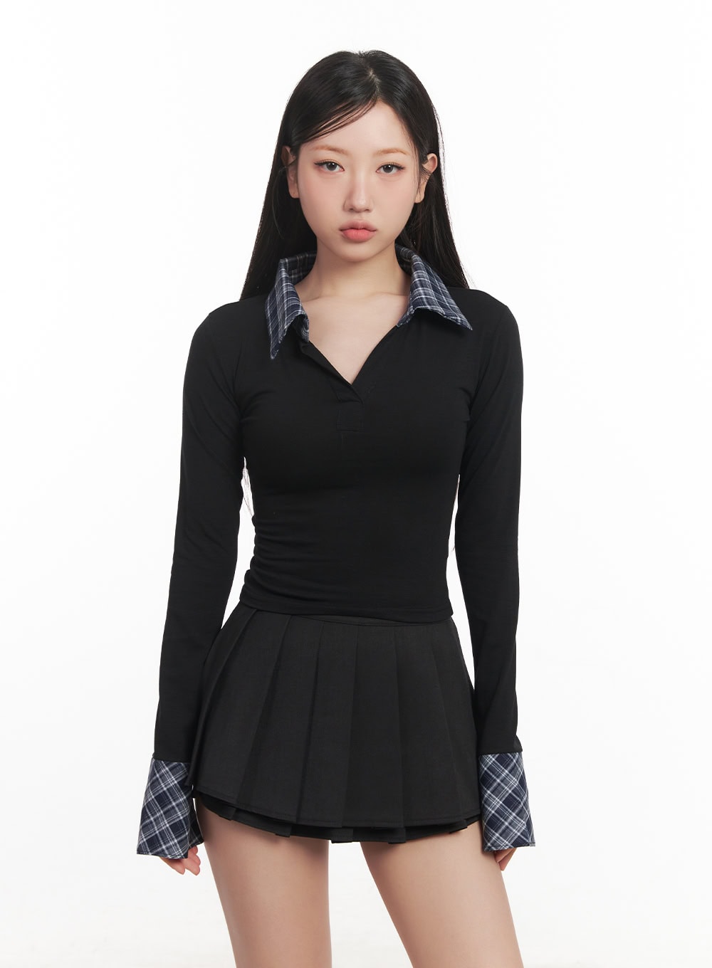 Checkered-Collar Long-Sleeve Crop Top CM531