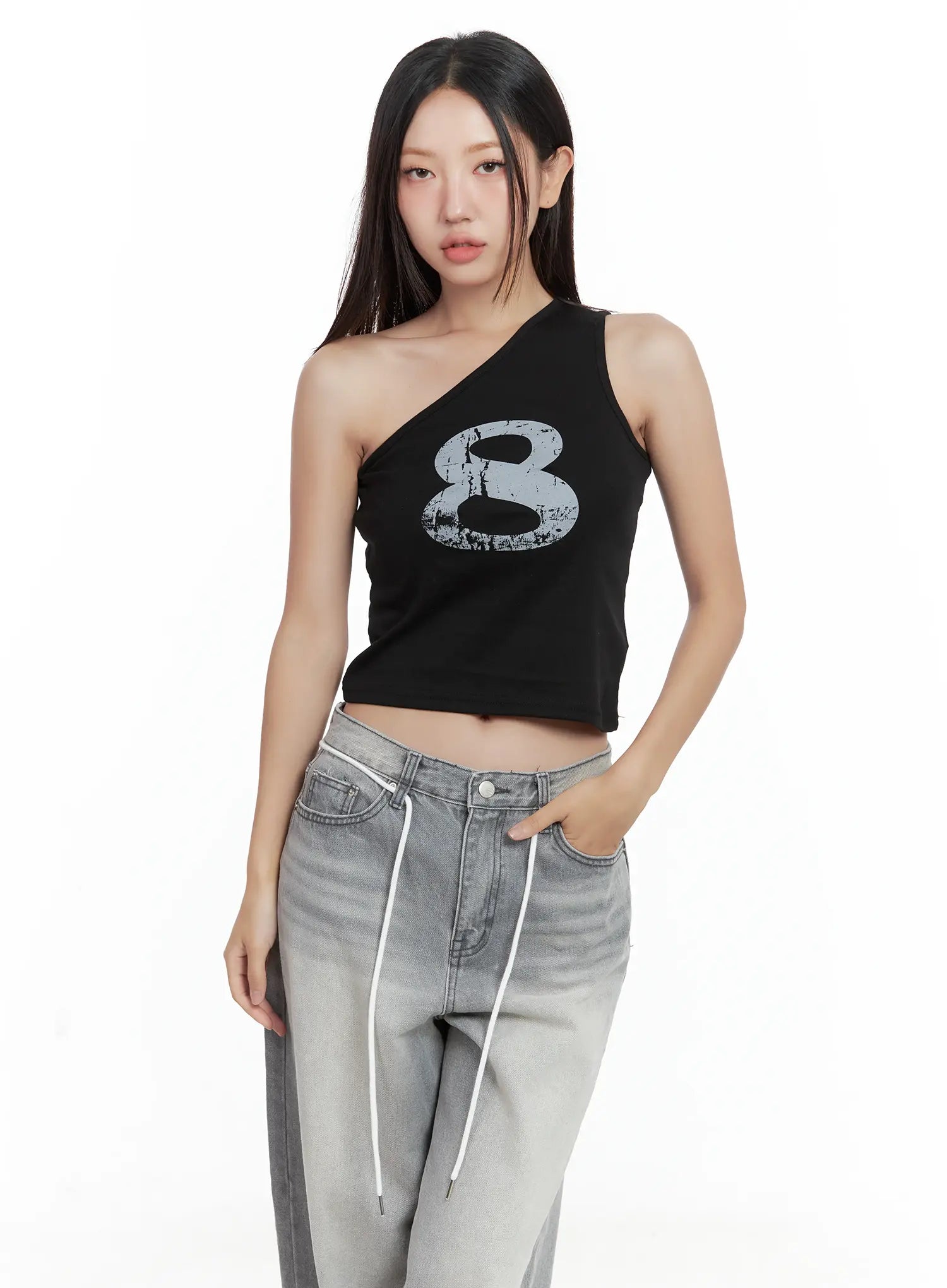 Asymmetric Graphic One-Shoulder Tank CL509