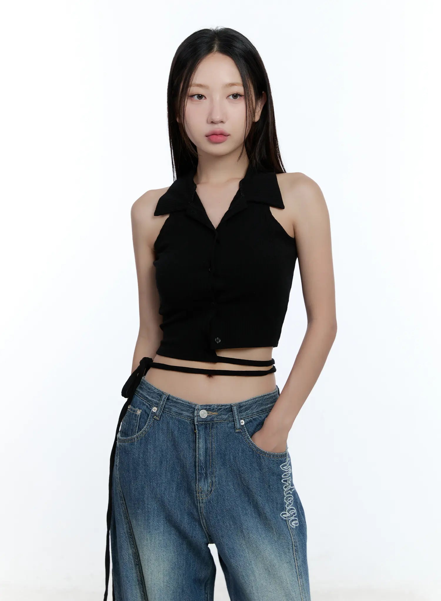 Asymmetric Buttoned Collared Tank Top CU527