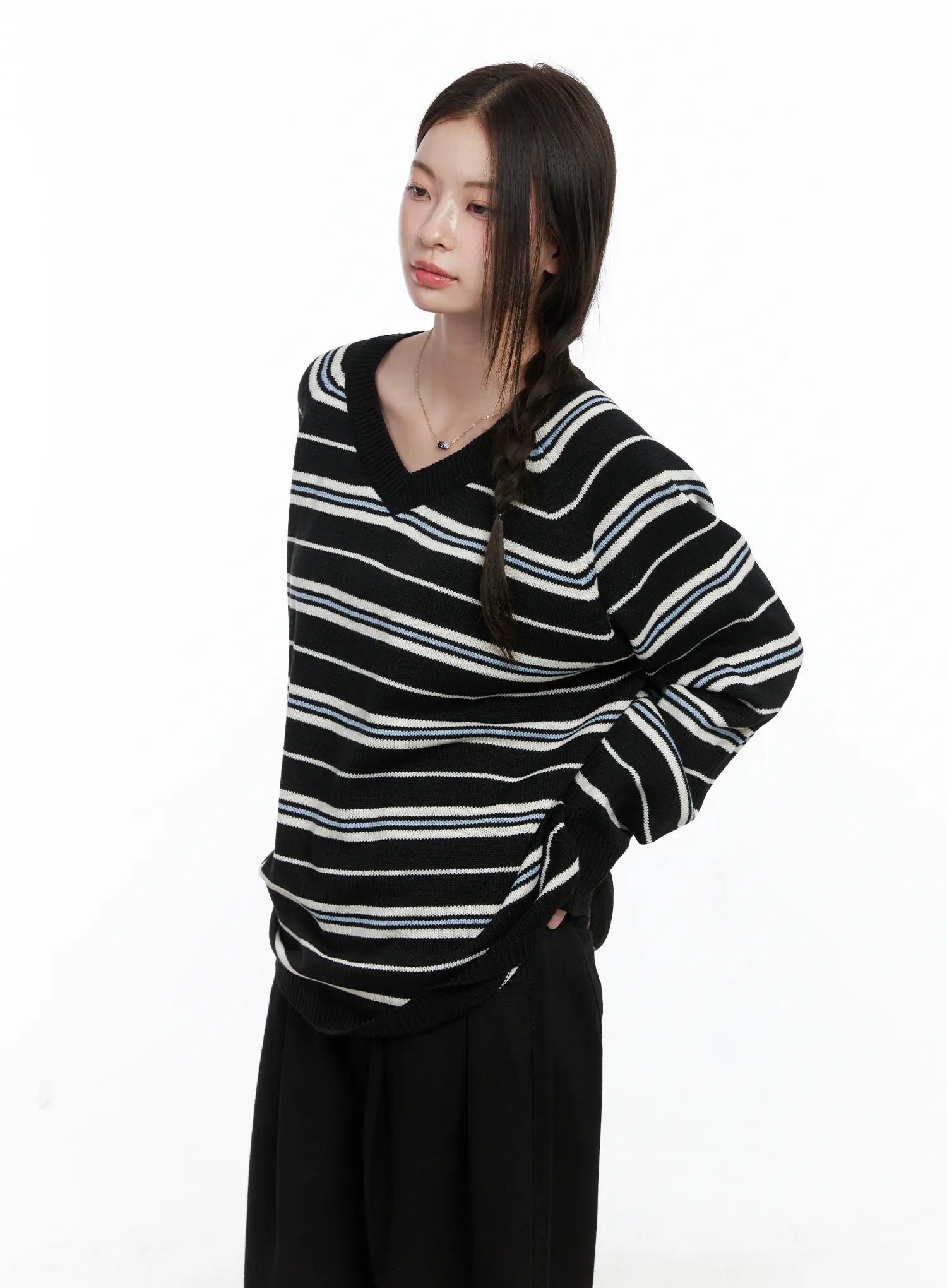 Oversized V-Neck Striped Knit Sweater CO503