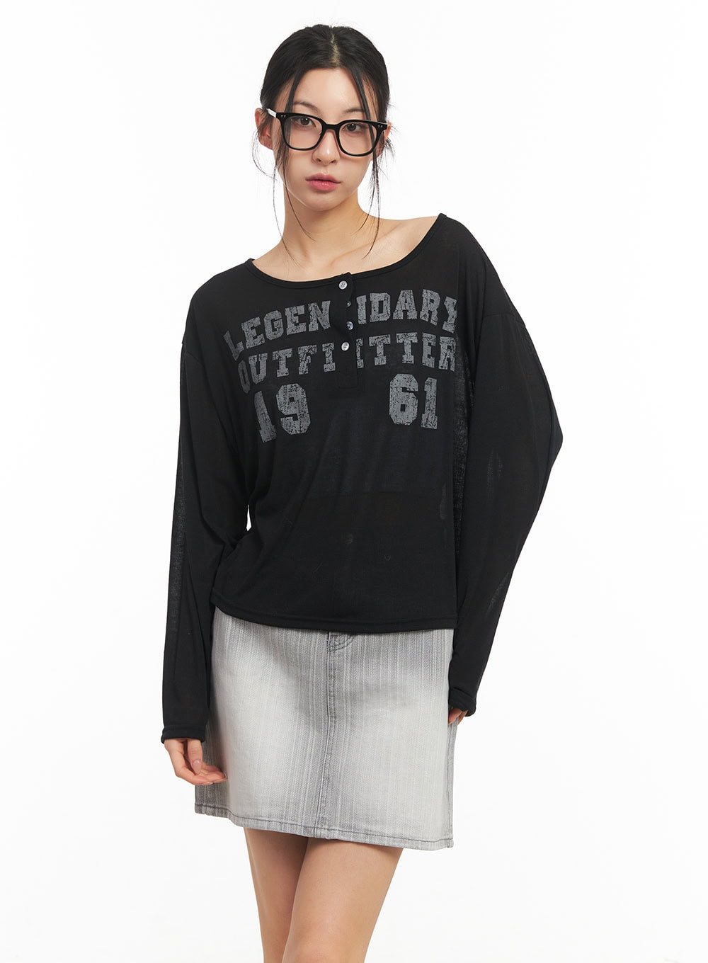 Sheer One-Shoulder Buttoned Tee CM503