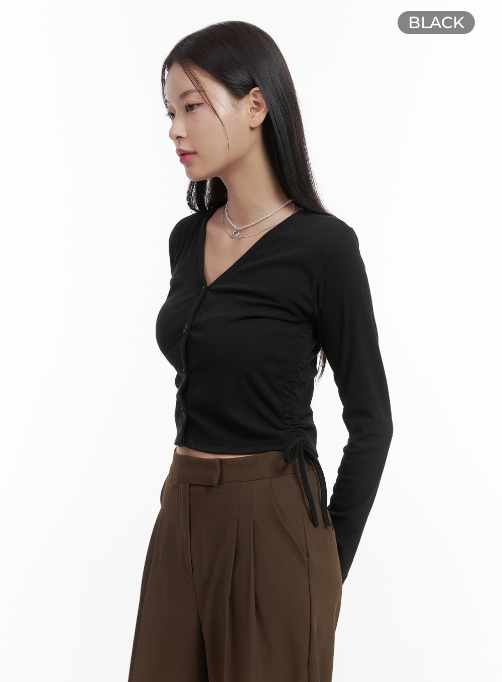 V-Neck Buttoned Shirred Crop Top OO416