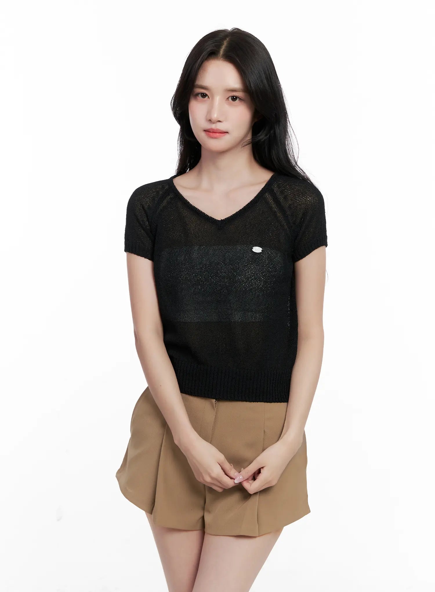 V-Neck Knit Short-Sleeve Top CL515
