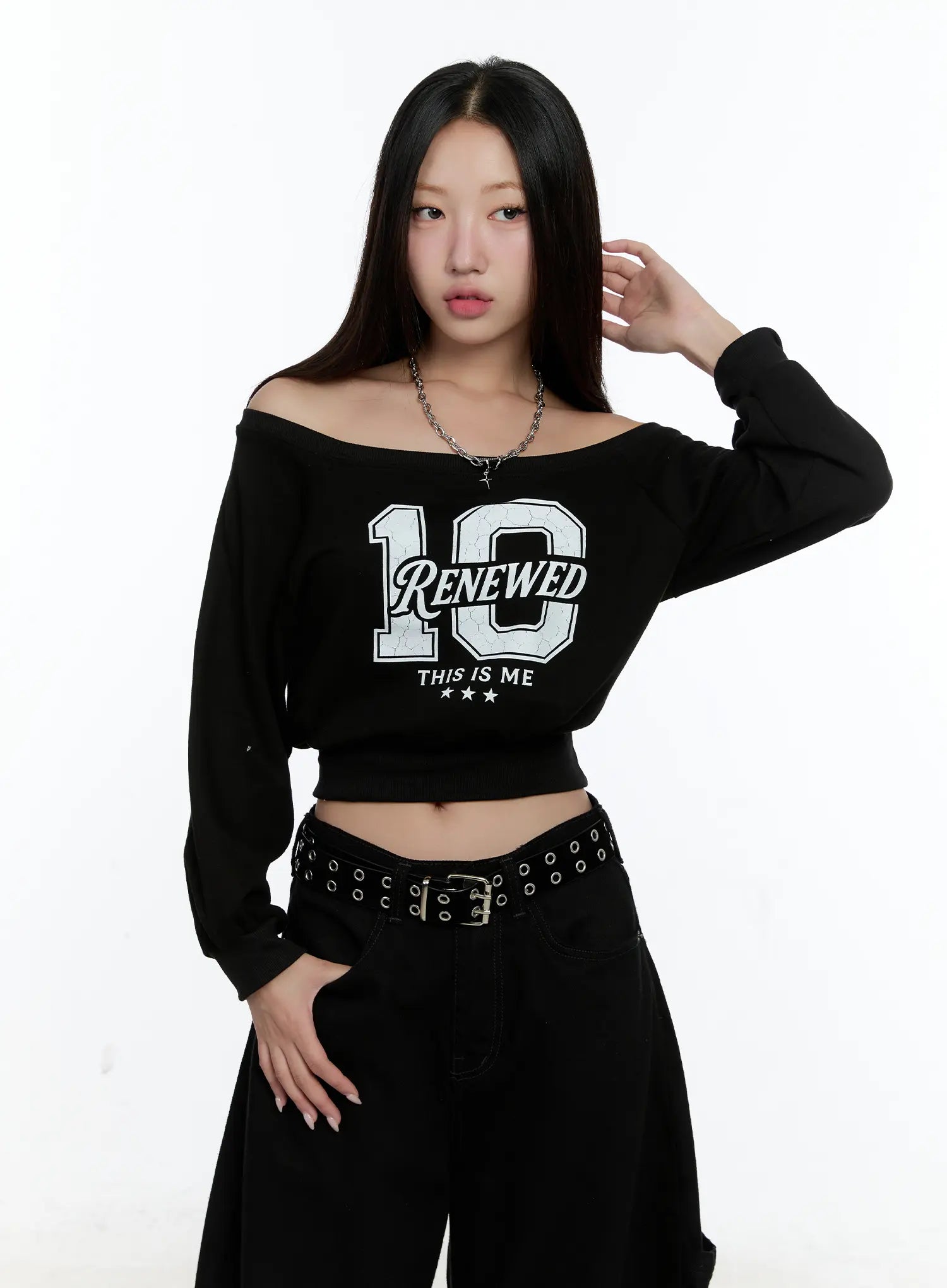 Graphic Off-shoulder Crop Sweatshirt CS517