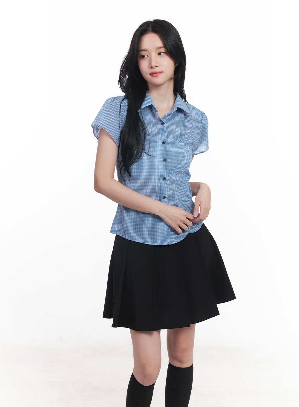 Checkered Puff Button Blouse Top CY526