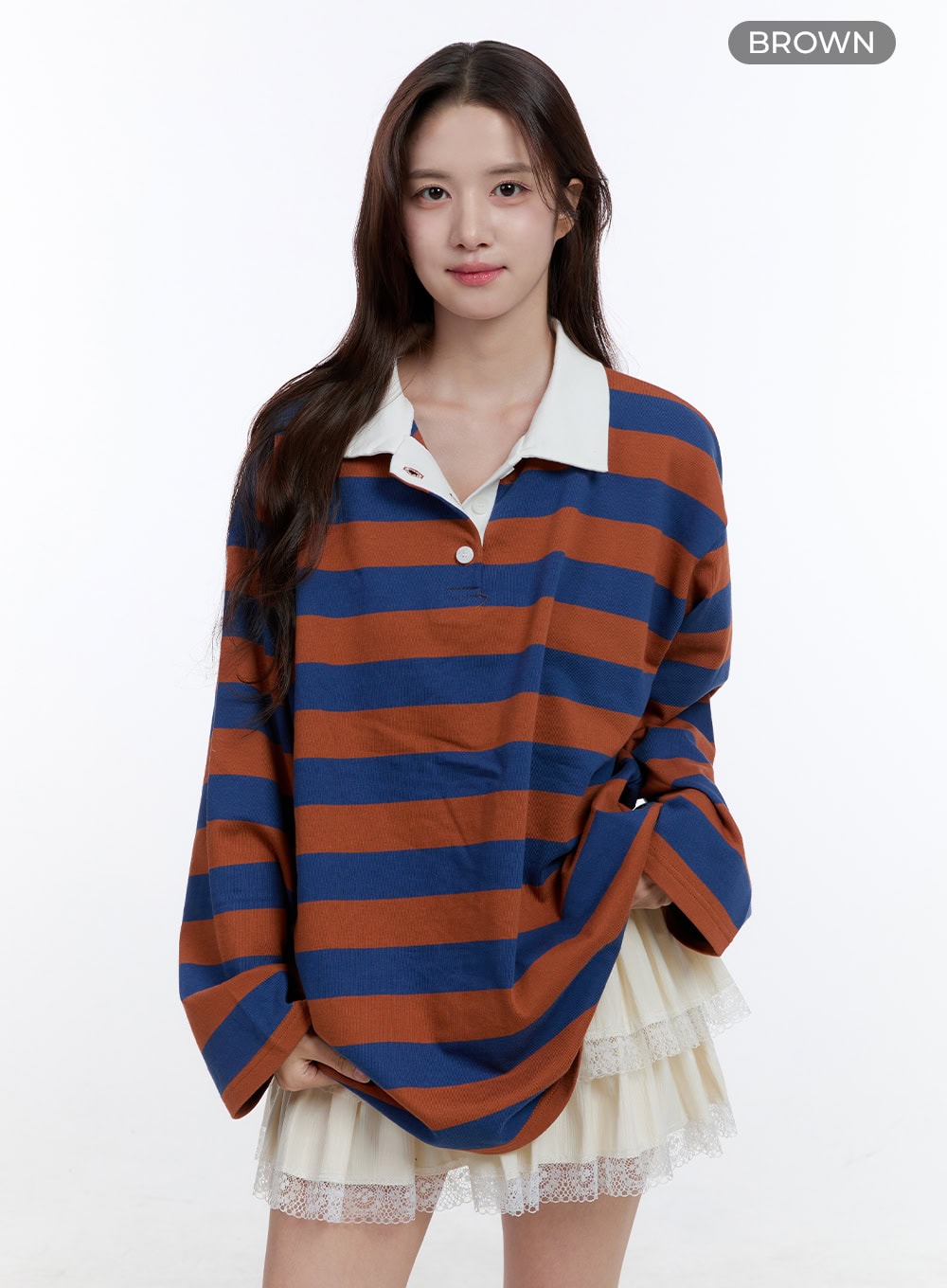 Cotton Oversize Buttoned Long Sleeve Stripe Tee OO407