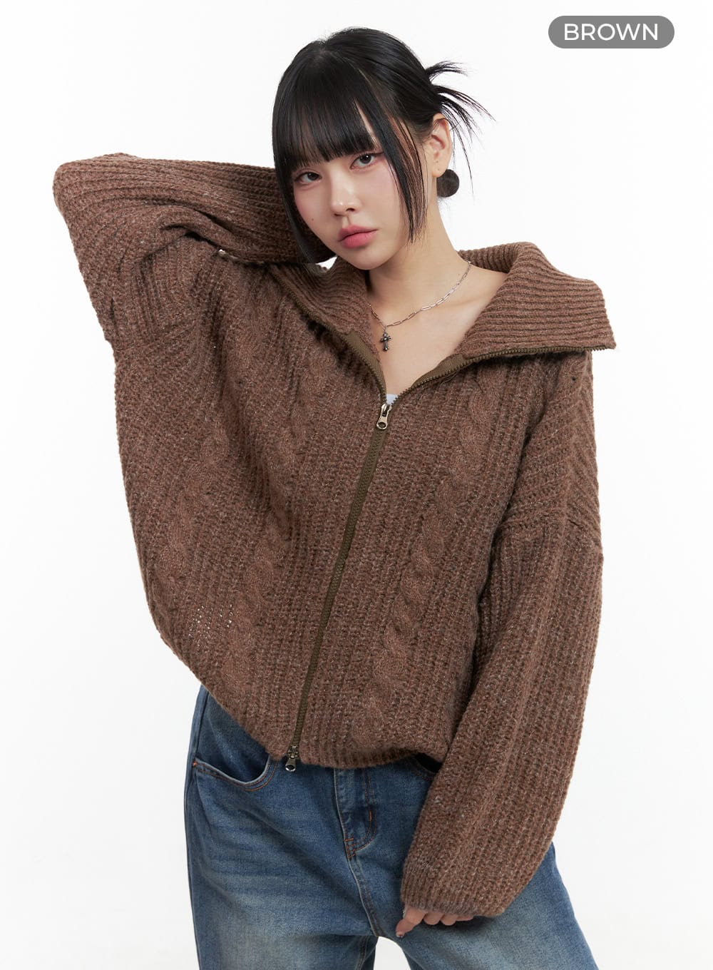 Oversized Cable Knit Zip-Up Sweater OS410