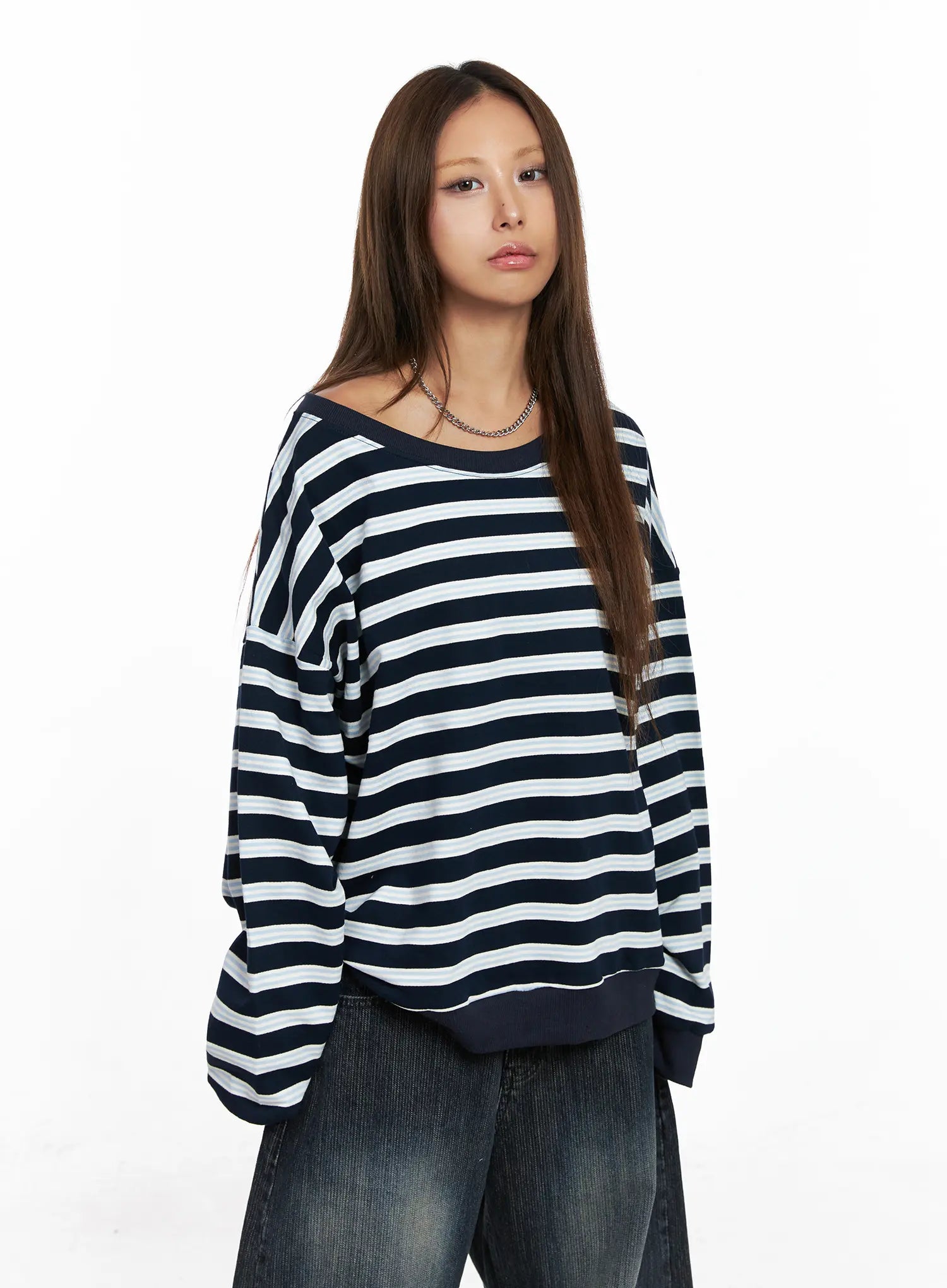 Oversized Striped Off-Shoulder Sweatshirt CO510