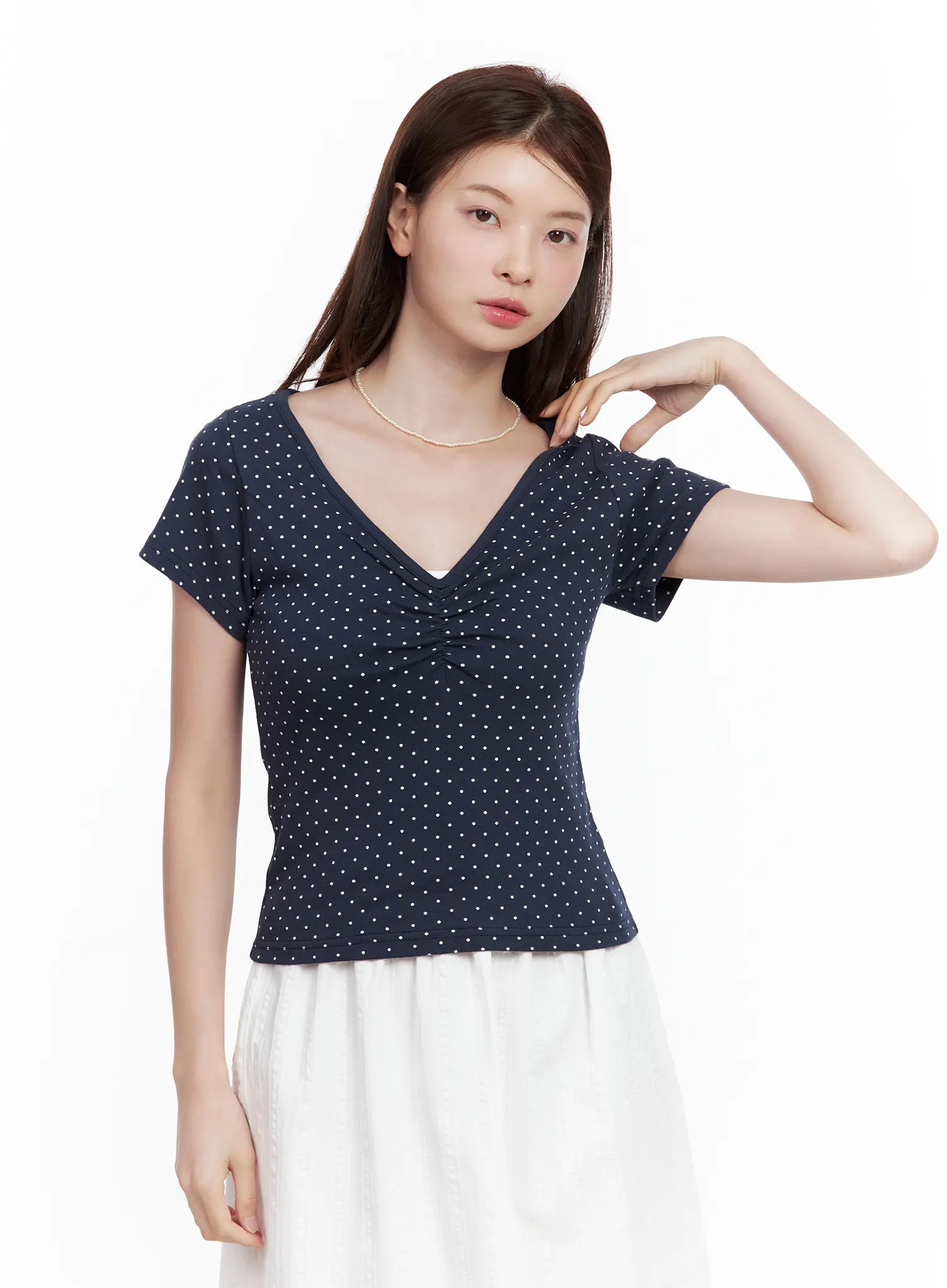 Polka Dot Shirred V-Neck Top CL502