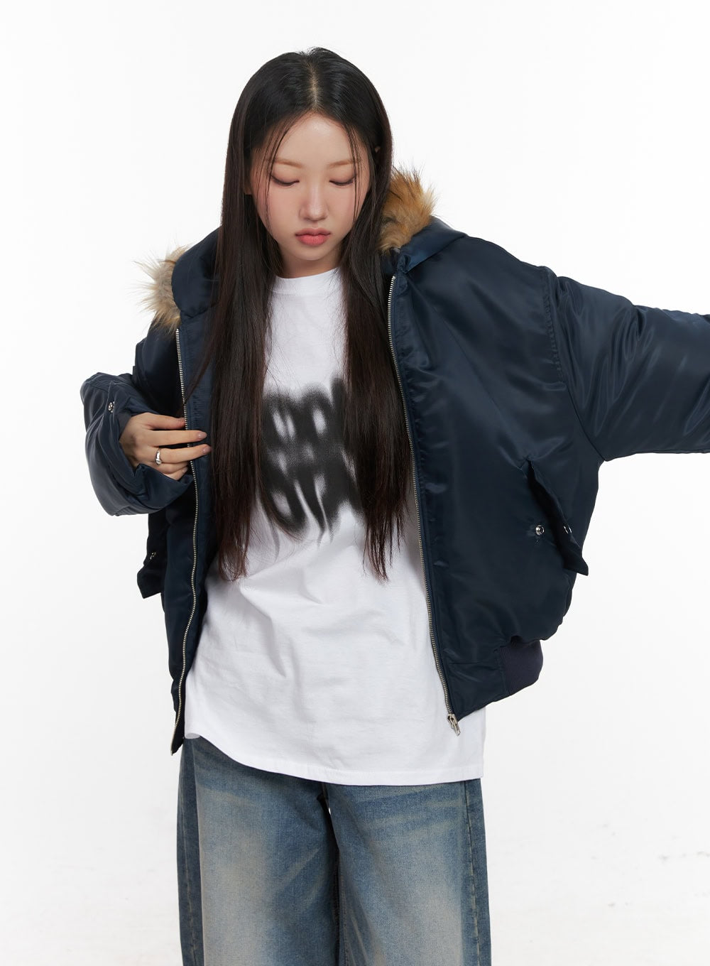 Fur Detail Hooded Bomber Jacket CD411