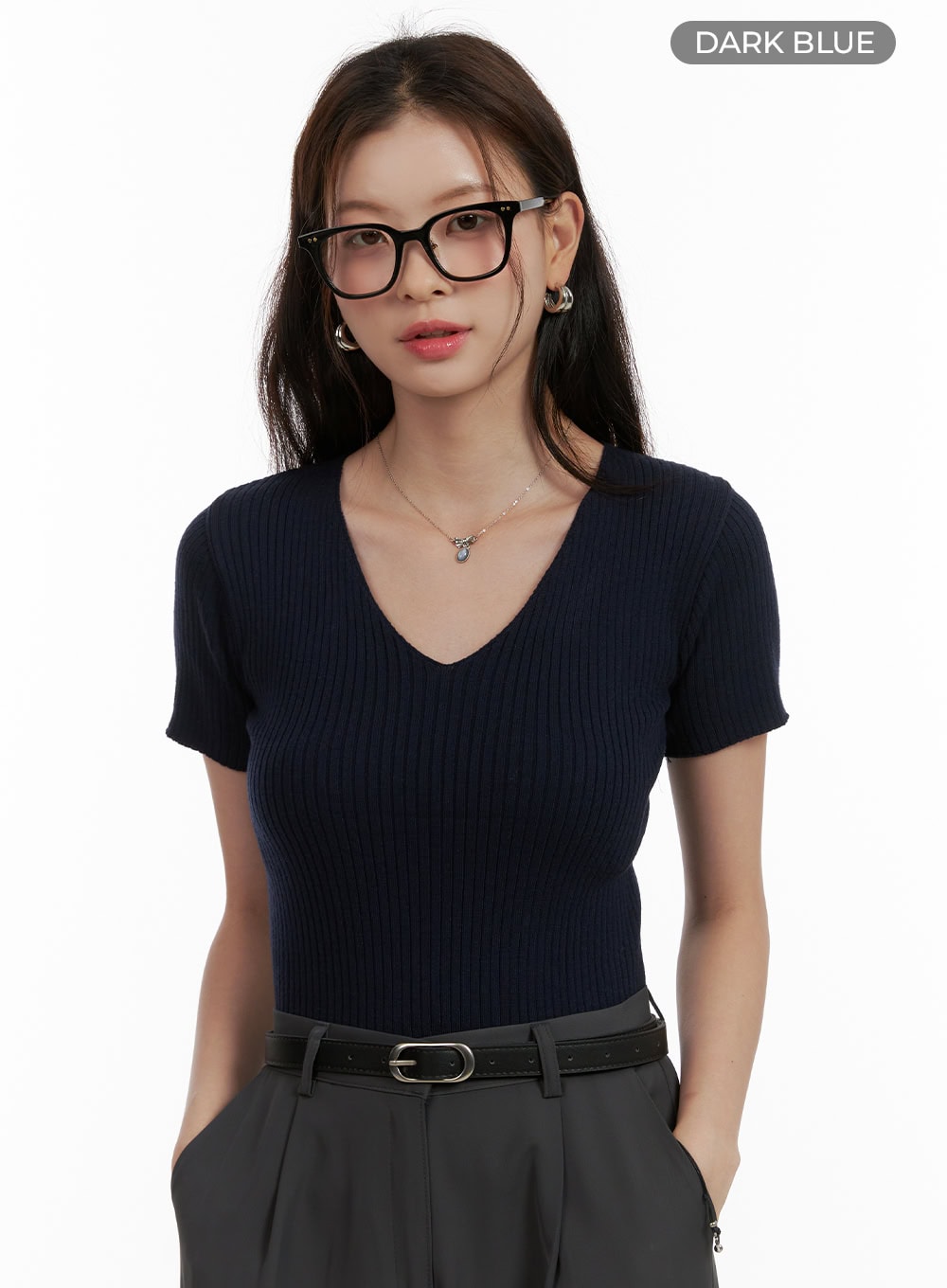 Summer V-Neck Ribbed Knit Top OU411
