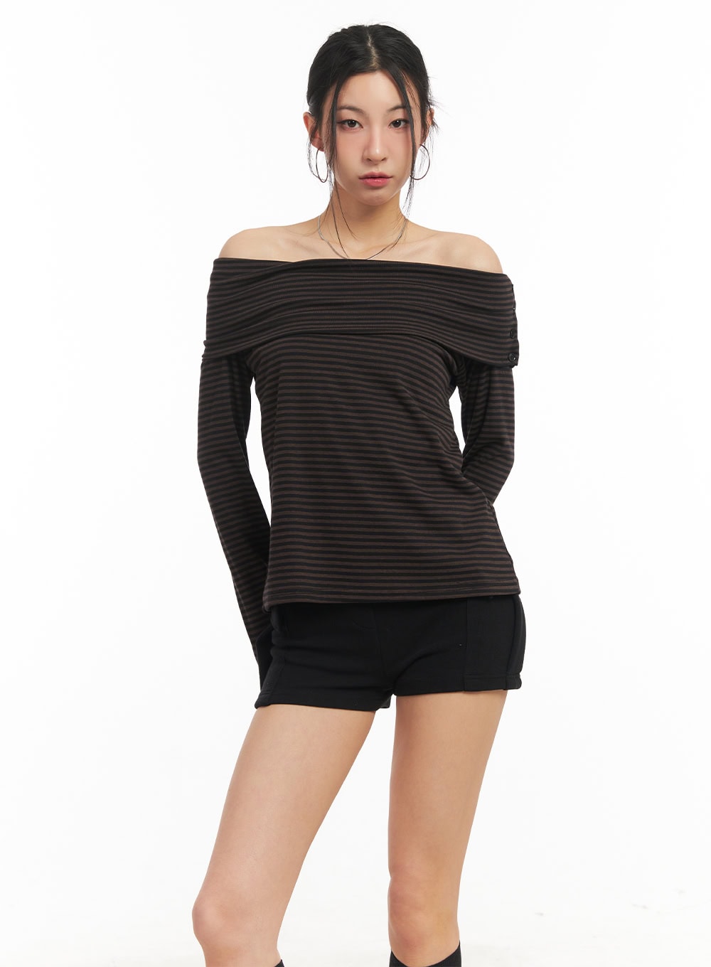 Striped Long-Sleeve Off-Shoulder Top CM503