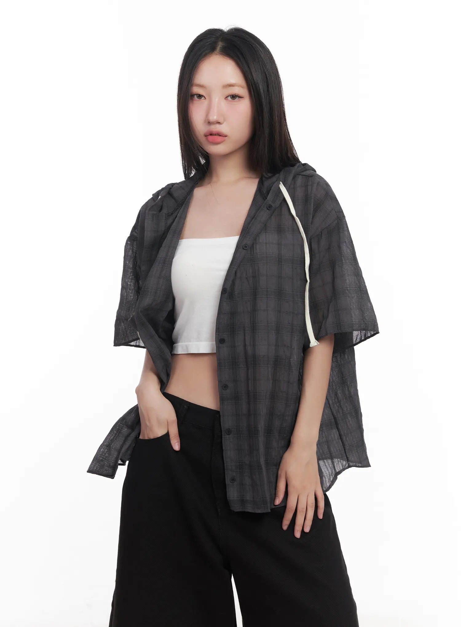 Plaid Hooded Oversized Shirt CU517