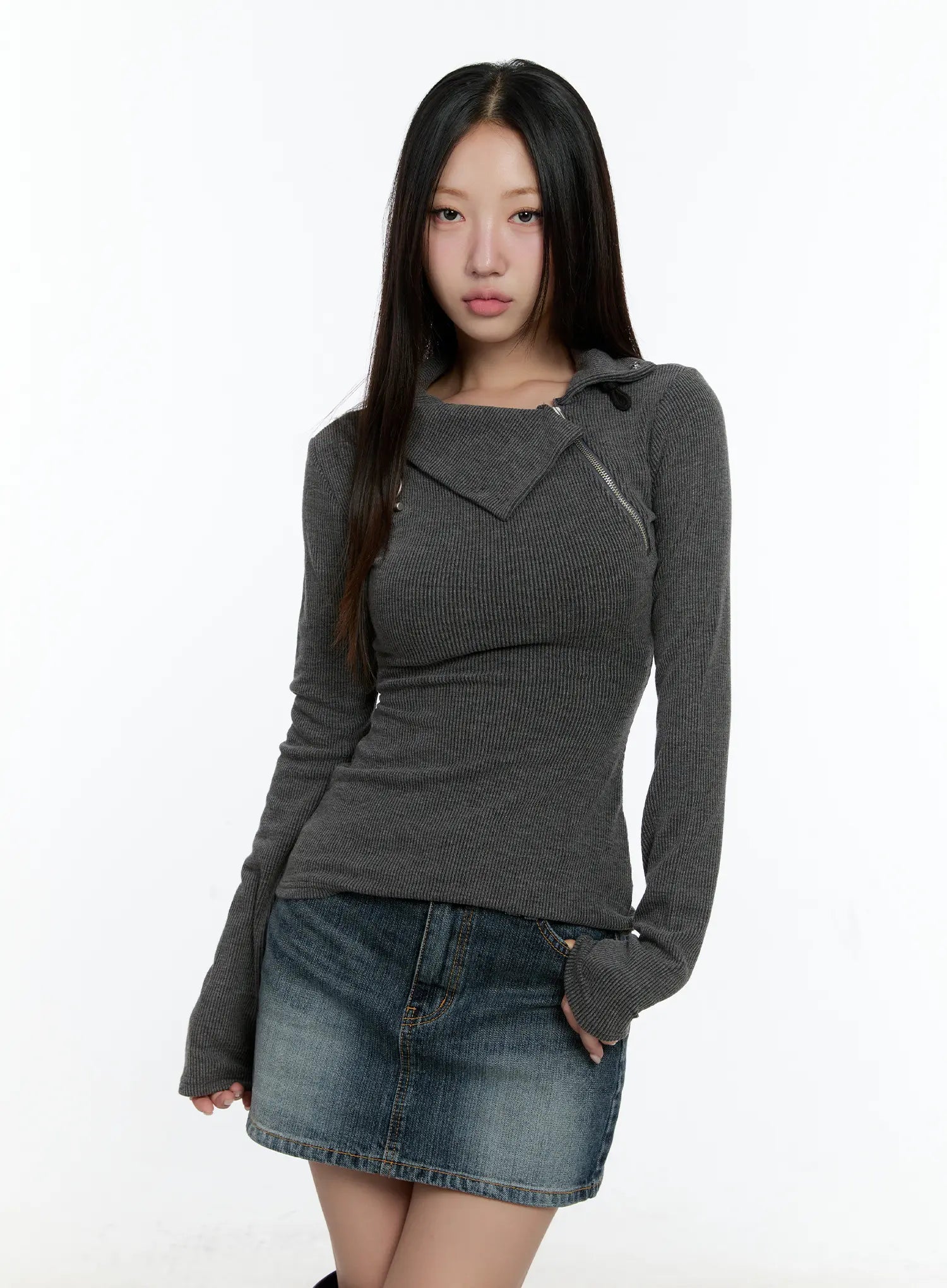 Zipper Detail Rib Knit Long Sleeve CS517