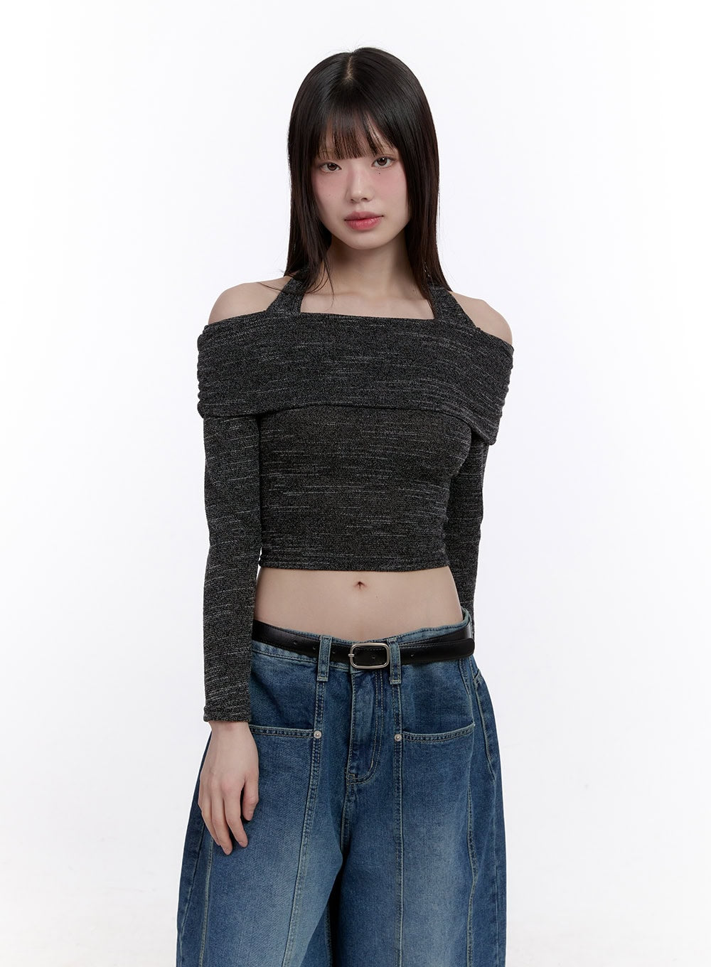 Off-Shoulder Crop Top with Halter Strap CF512