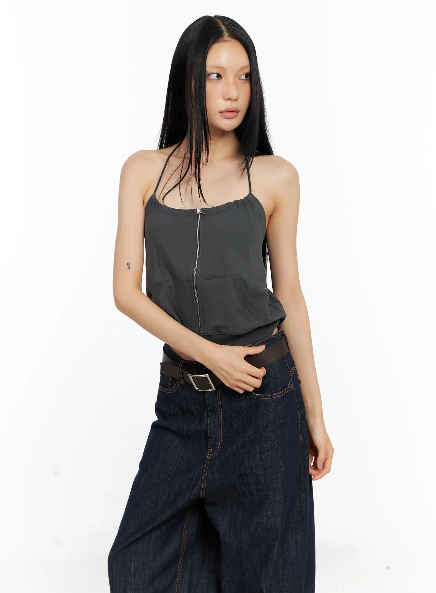 Knit Zip-Up Halter Top CL529