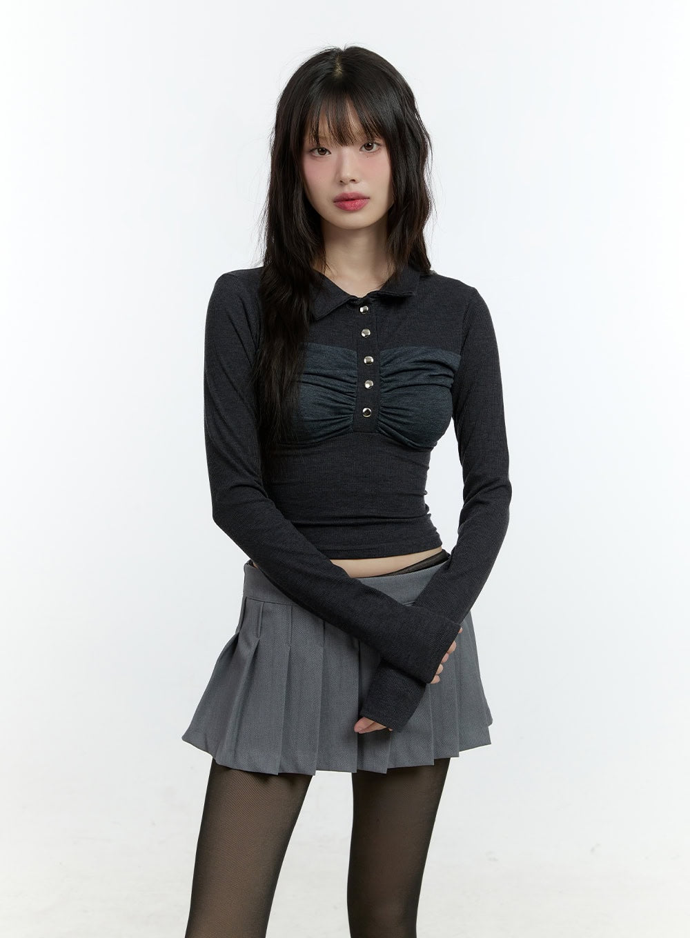 Shirring Long-Sleeve Collared Crop Top CF507