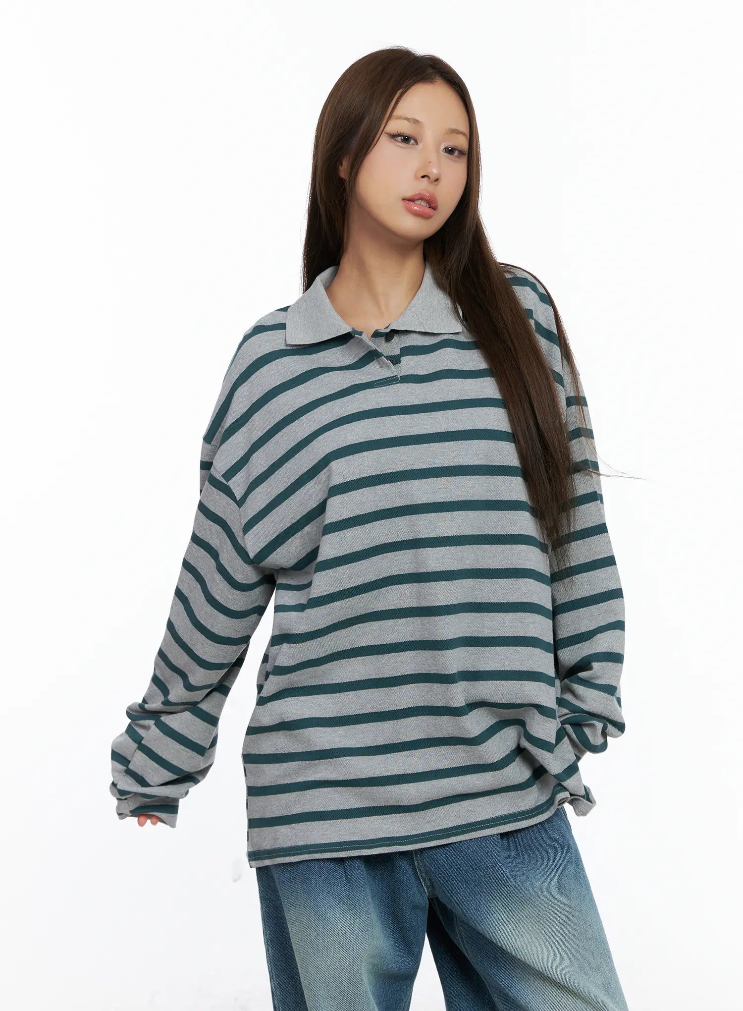 Oversized Striped Collar Long-Sleeve Tee CS504