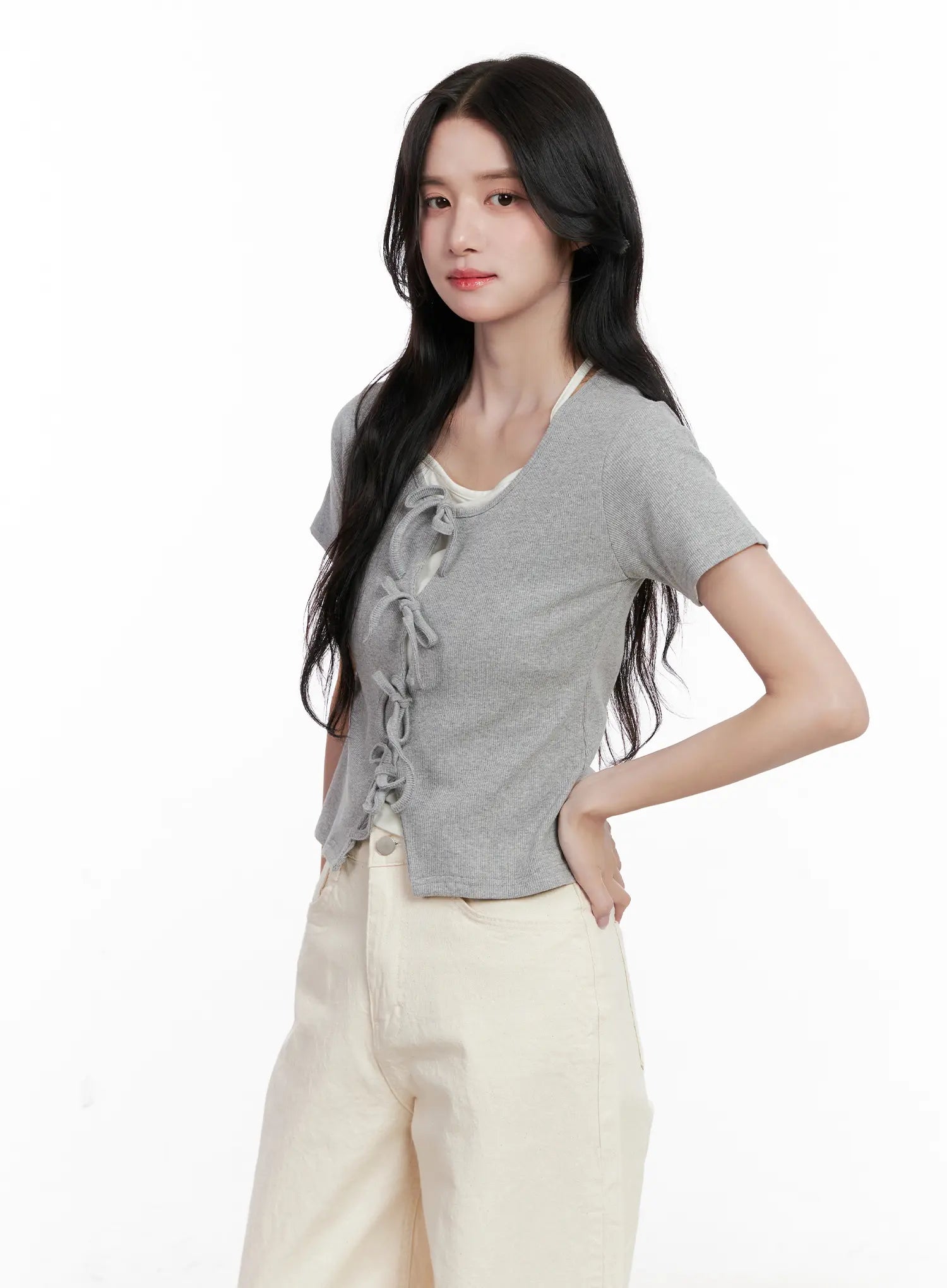 Ribbon-Tie Short-Sleeve Tee CL516