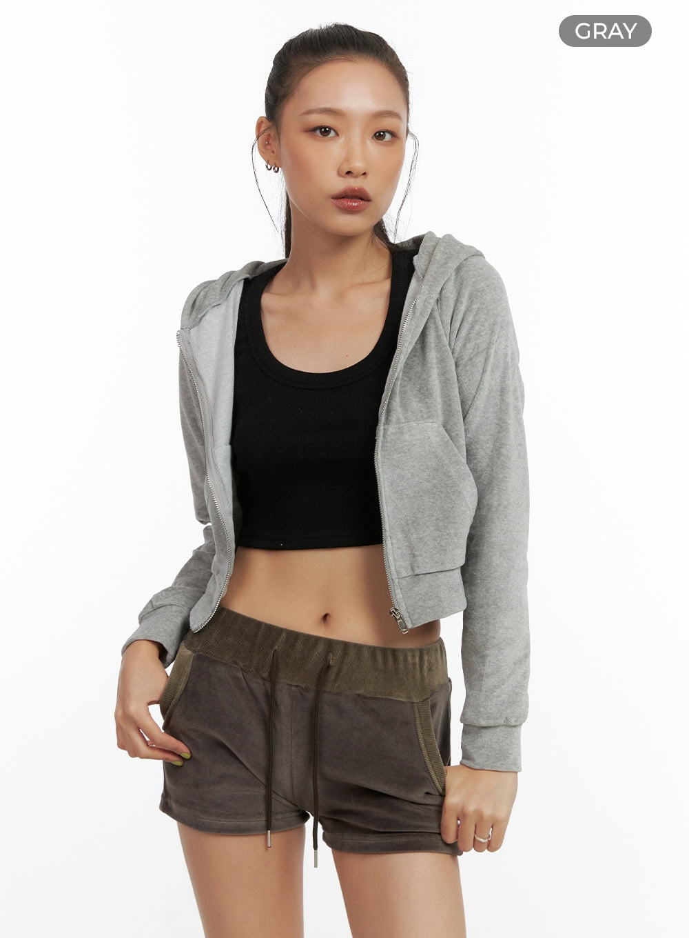 Solid Velvet Crop Hoodie CO424