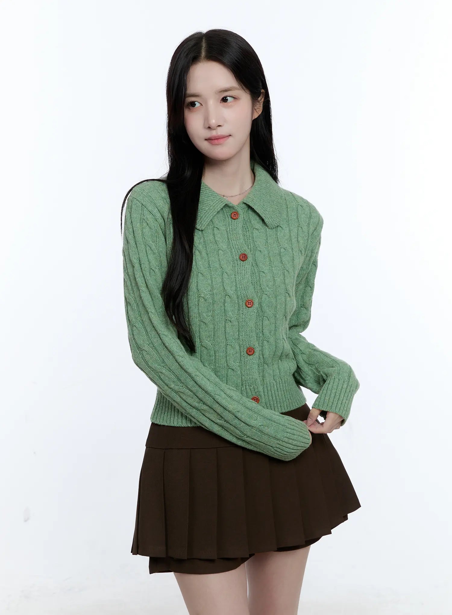 Button-Up Collared Cable Knit Cardigan CG514
