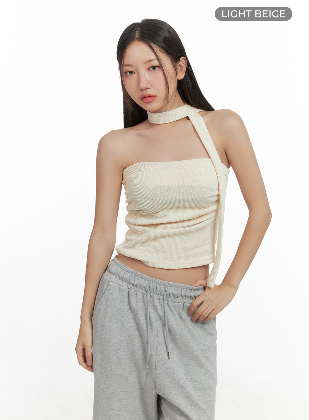 Shirred Solid Tube Crop Top and Scarf Set CO404