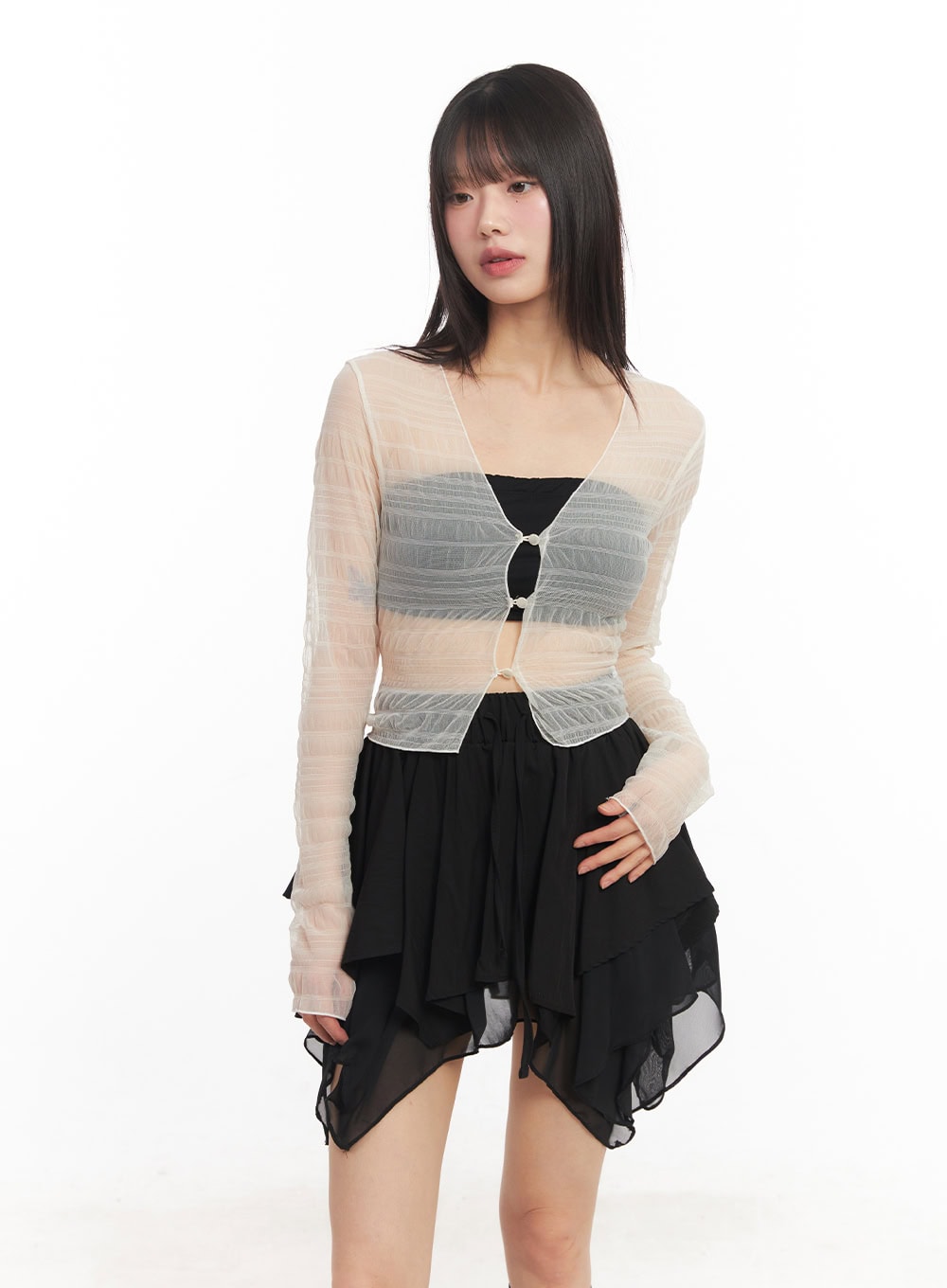 Sheer Chic Buttoned Cardigan CA523