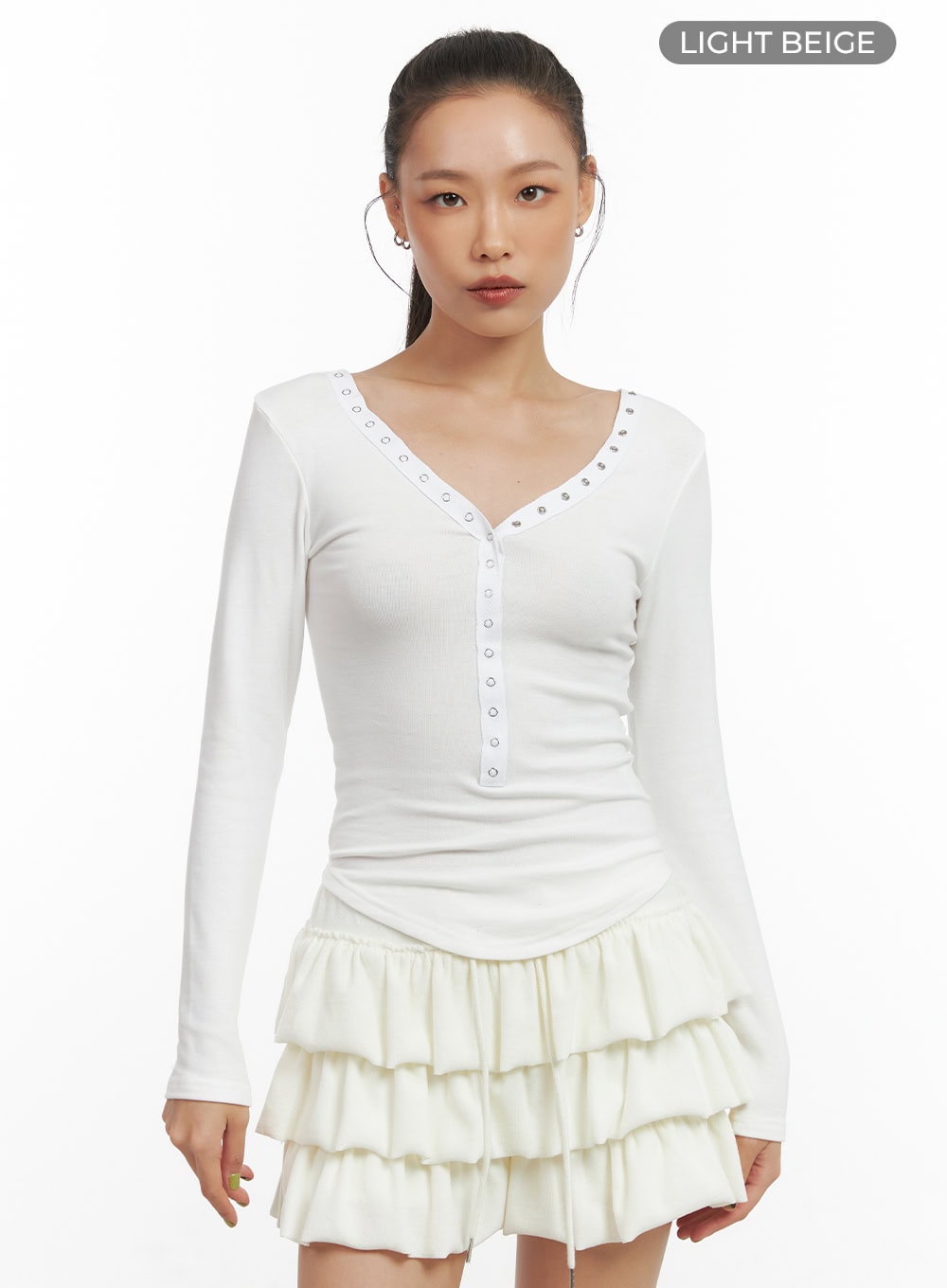 Buttoned V-Neck Slim Tee CO424