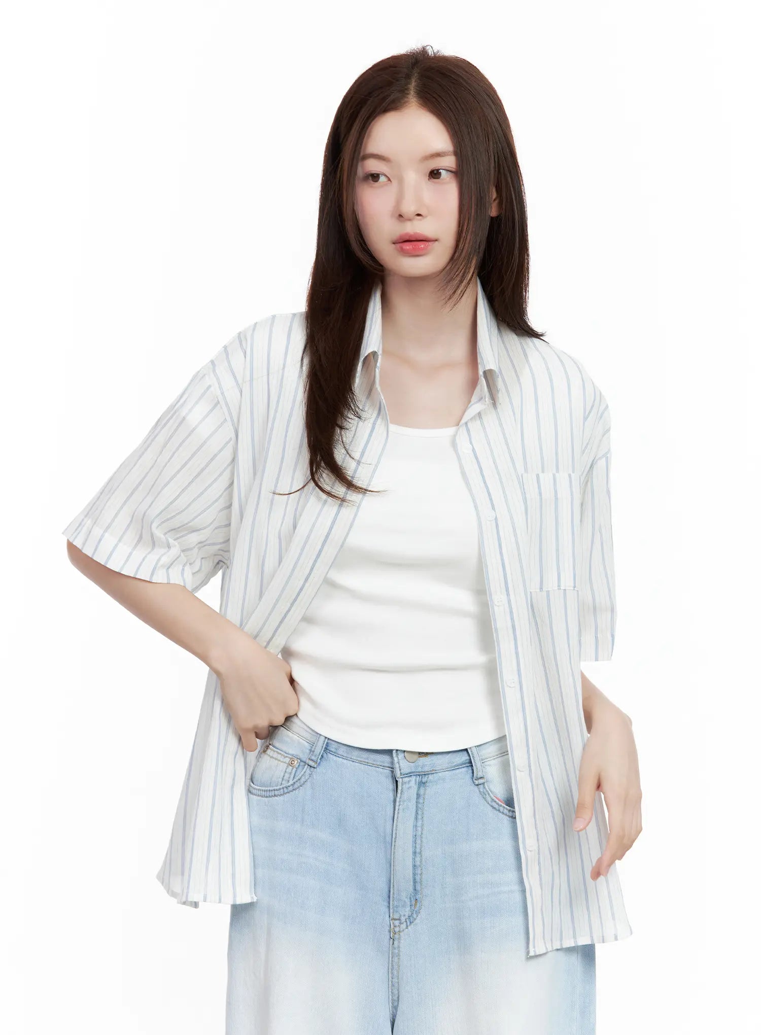 Casual Striped Short-Sleeve Button-Up Shirt CL502