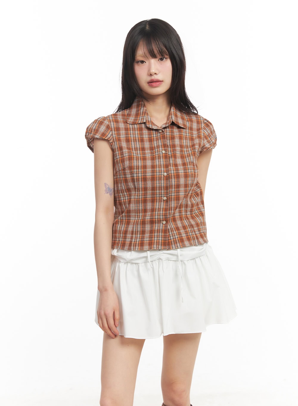 Plaid Puff Sleeve Cropped Shirt CA523