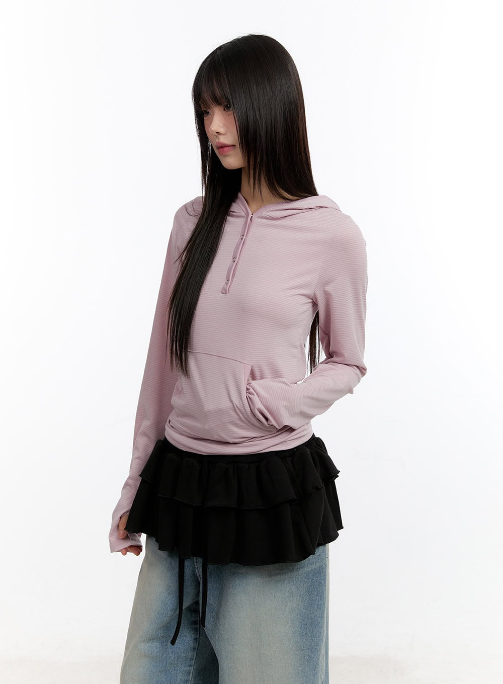 Button Stripe Hoodie Top CA508