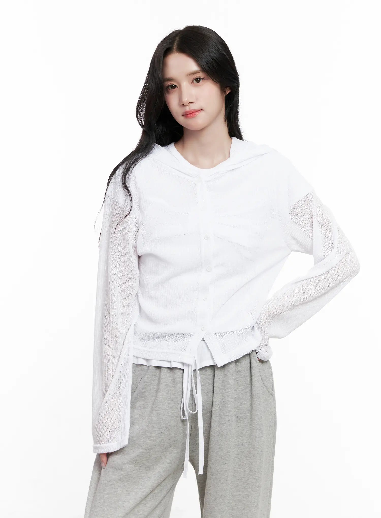 Sheer Button-Up Long Sleeve Zip-Up CL516