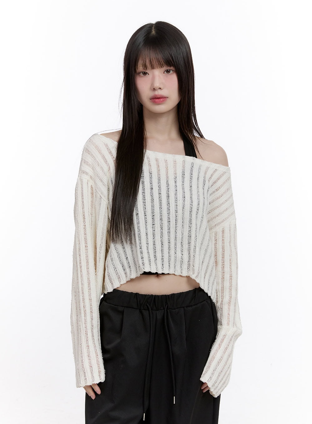 Sheer One-Shoulder Crop Sweater CF511