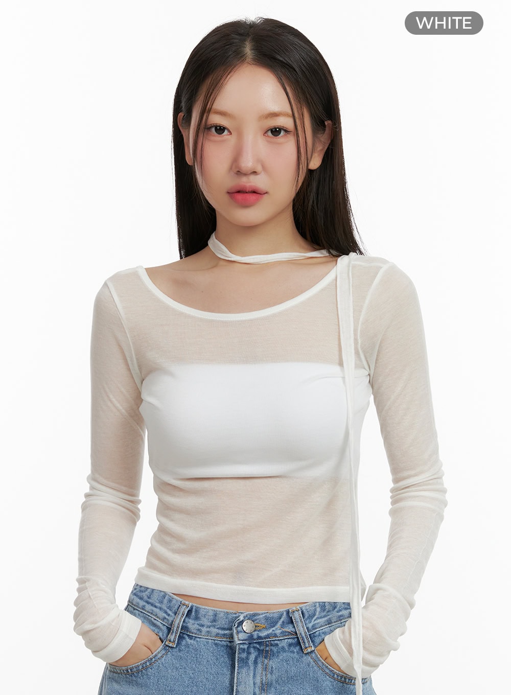 Sheer U-Neck Top with Scarf OU403