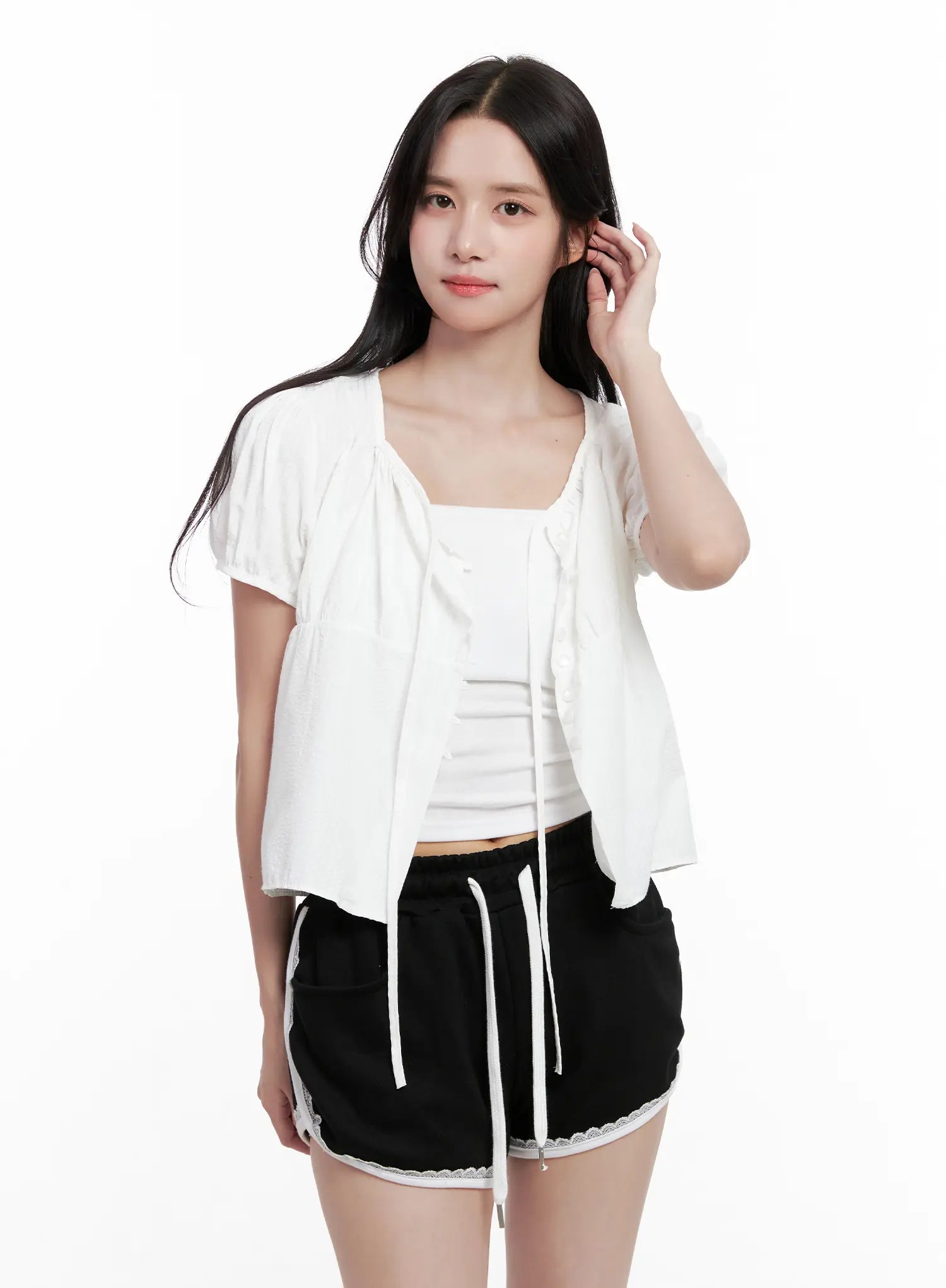 Striped Puff-Sleeve Ribbon Top CL516