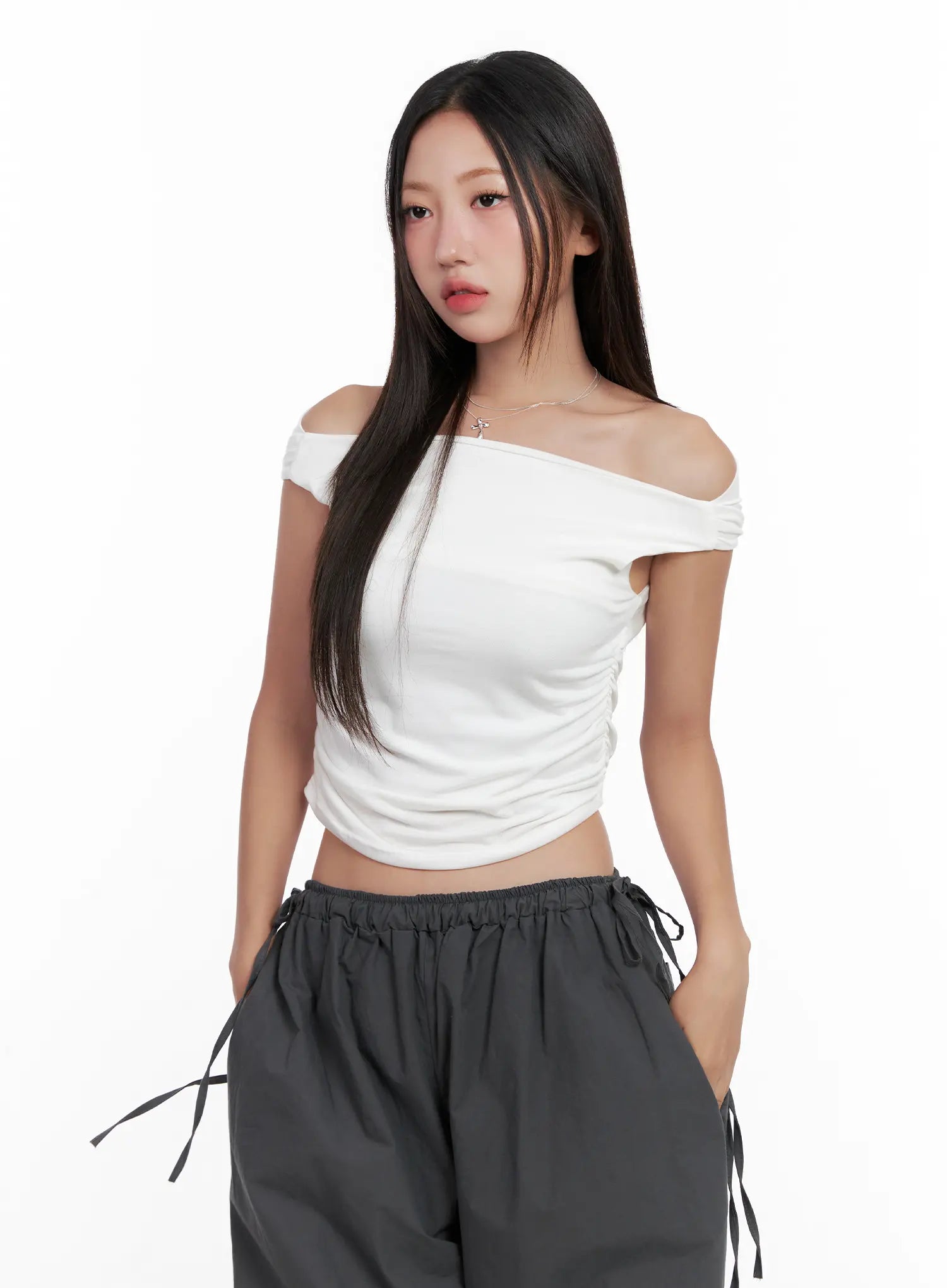 Off-Shoulder Draped Short Sleeve Top CL518