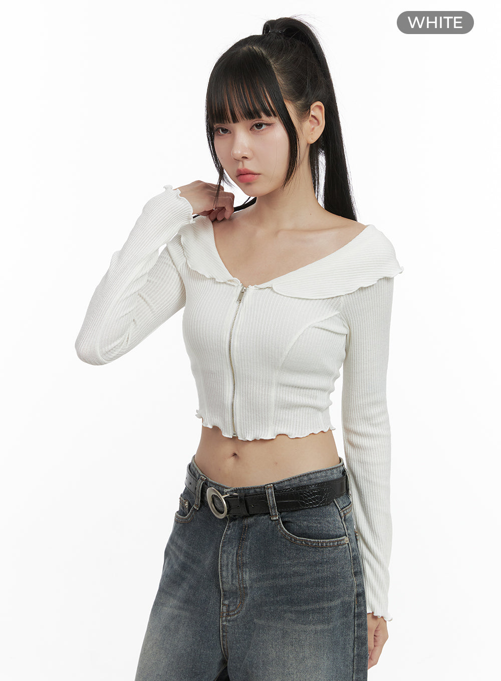 Zipper Off-Shoulder Ribbed Top OO401