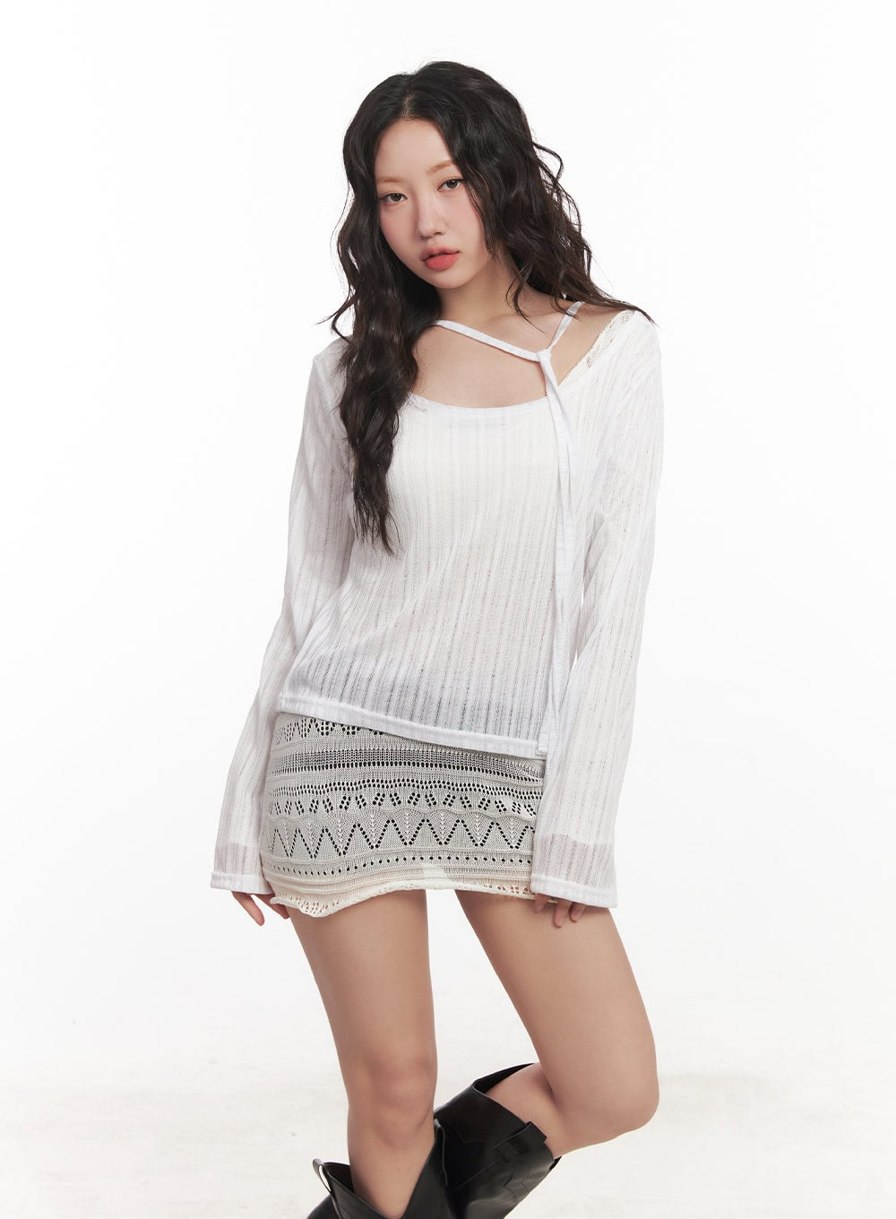 String Mesh Off-Shoulder Sweater CA521
