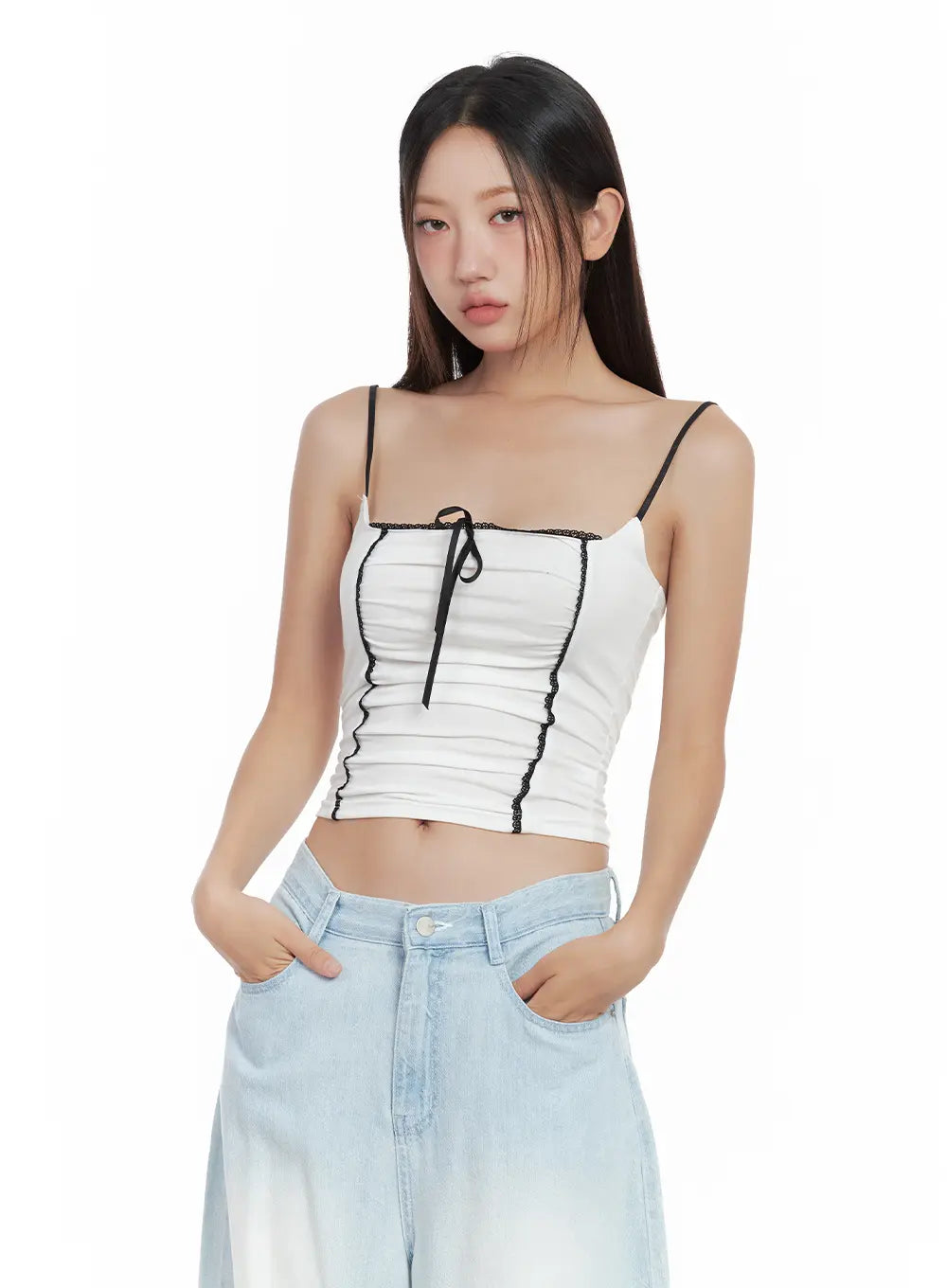 Lace-Trim Shirred Ribbon Camisole CL508