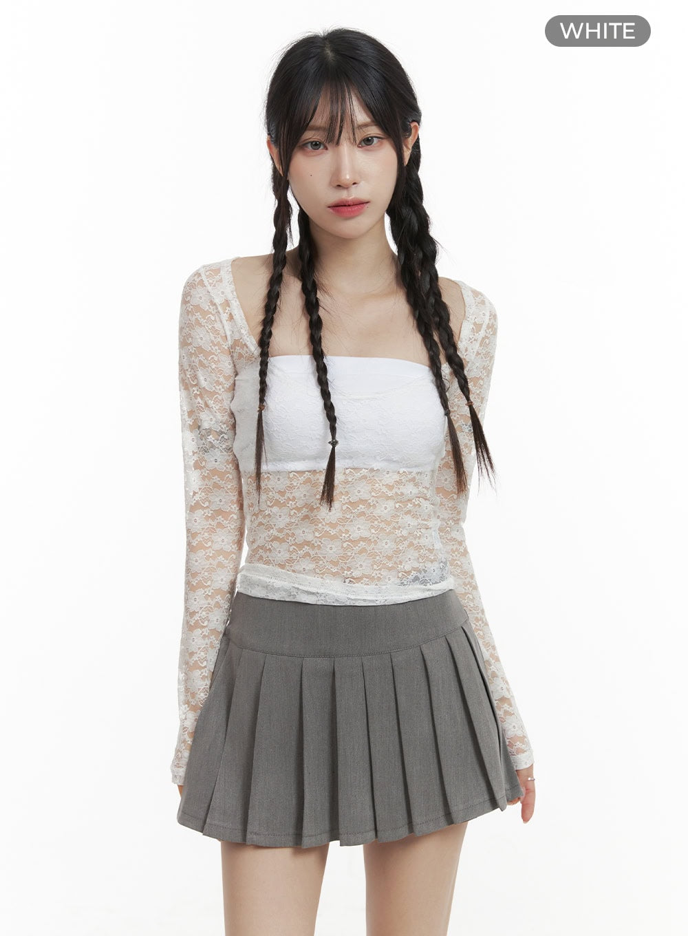 Lace Sheer U-Neck Long Sleeve Top OA425