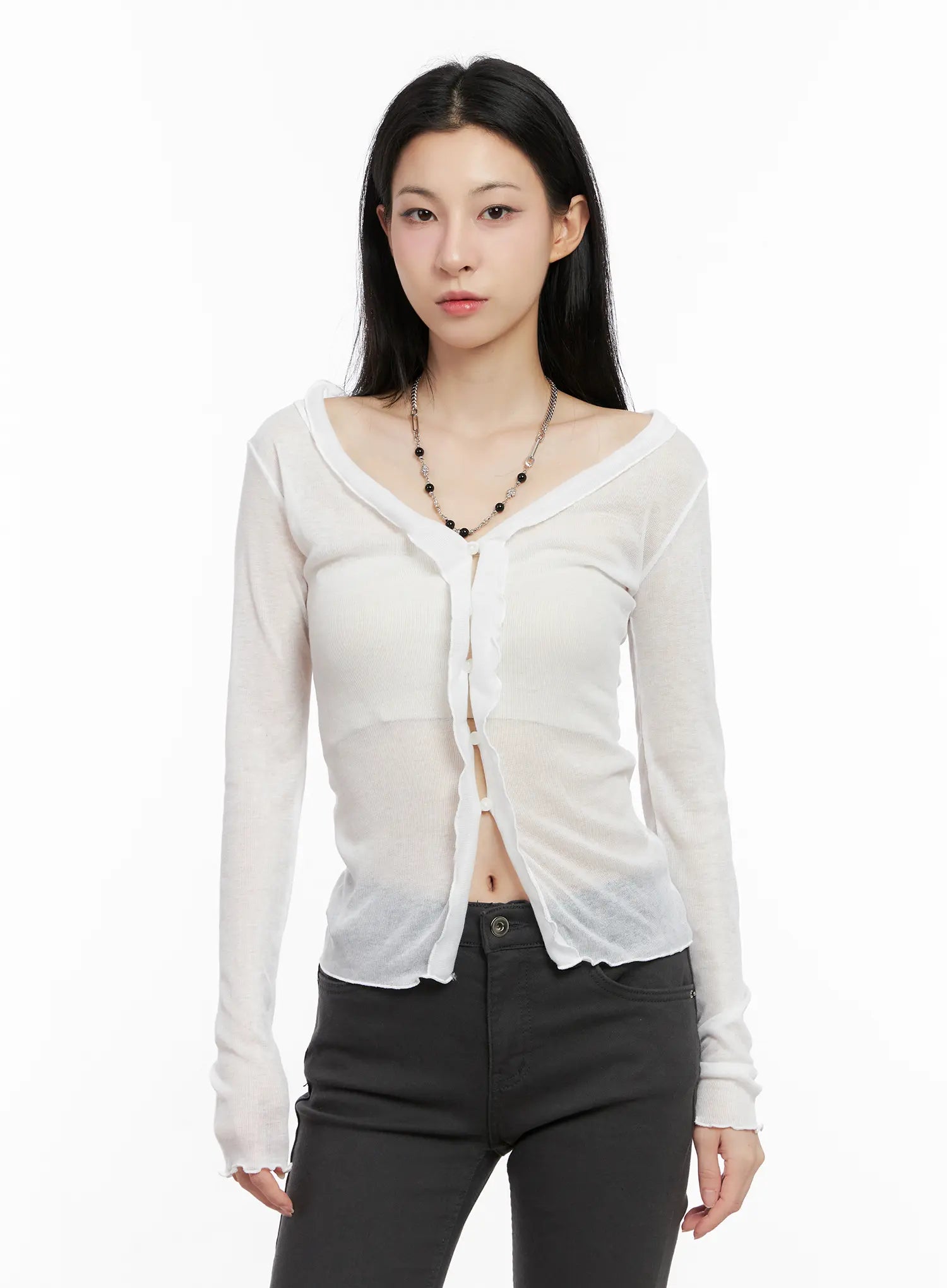 Sheer Ruffle Long Sleeve Cardigan CG522