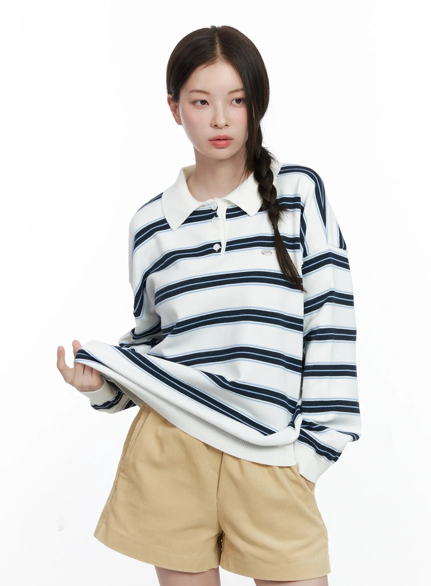 Oversized Striped Long Sleeve Collared Shirt CO503